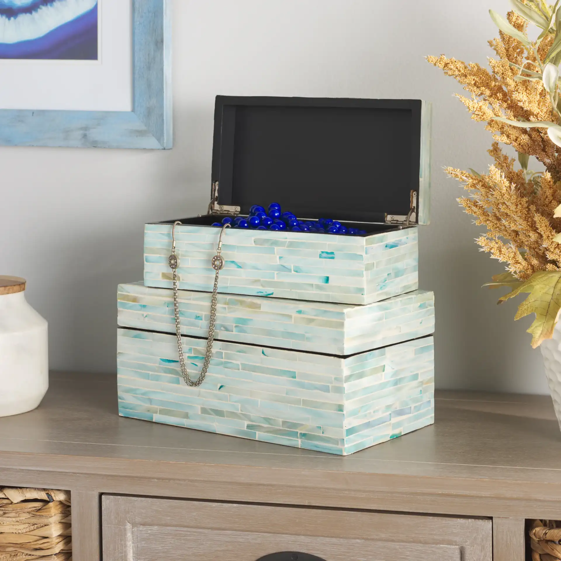 Kallie Set Of Two Boxes in Blue / Gray in a styled room