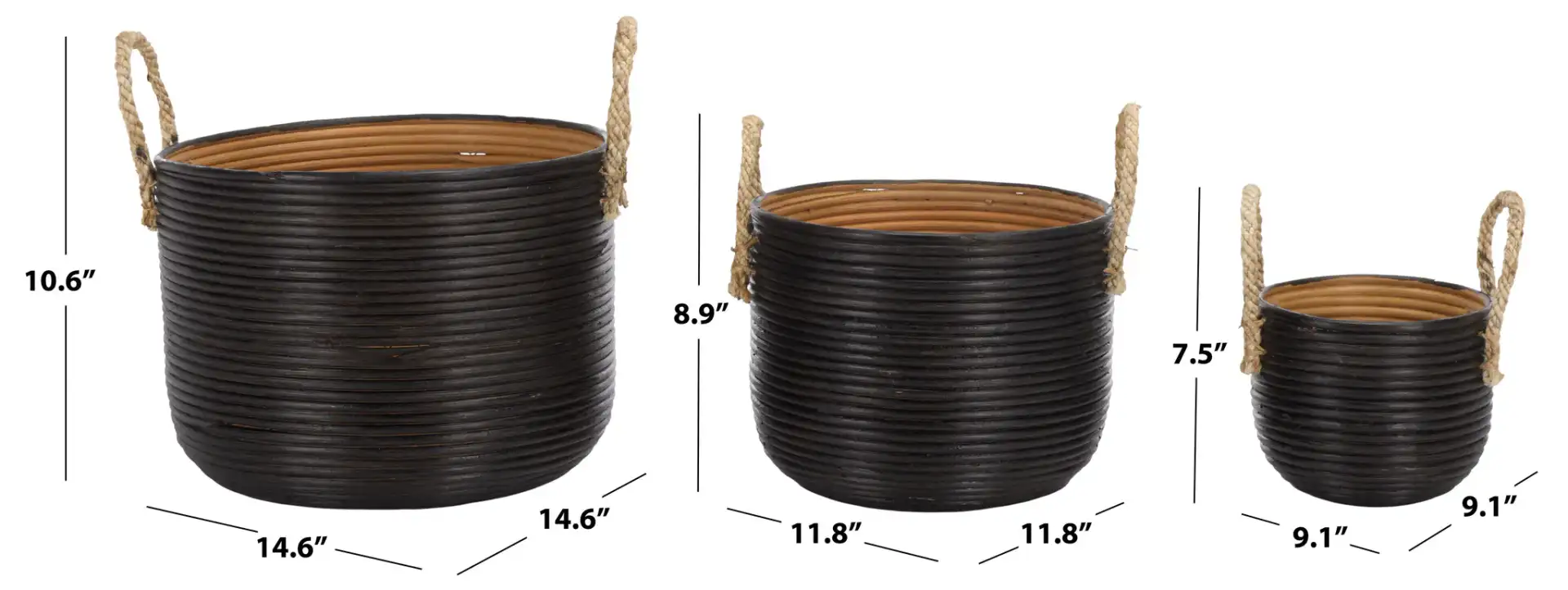 Renley Set Of Three-Baskets in Black / Natural, detail view