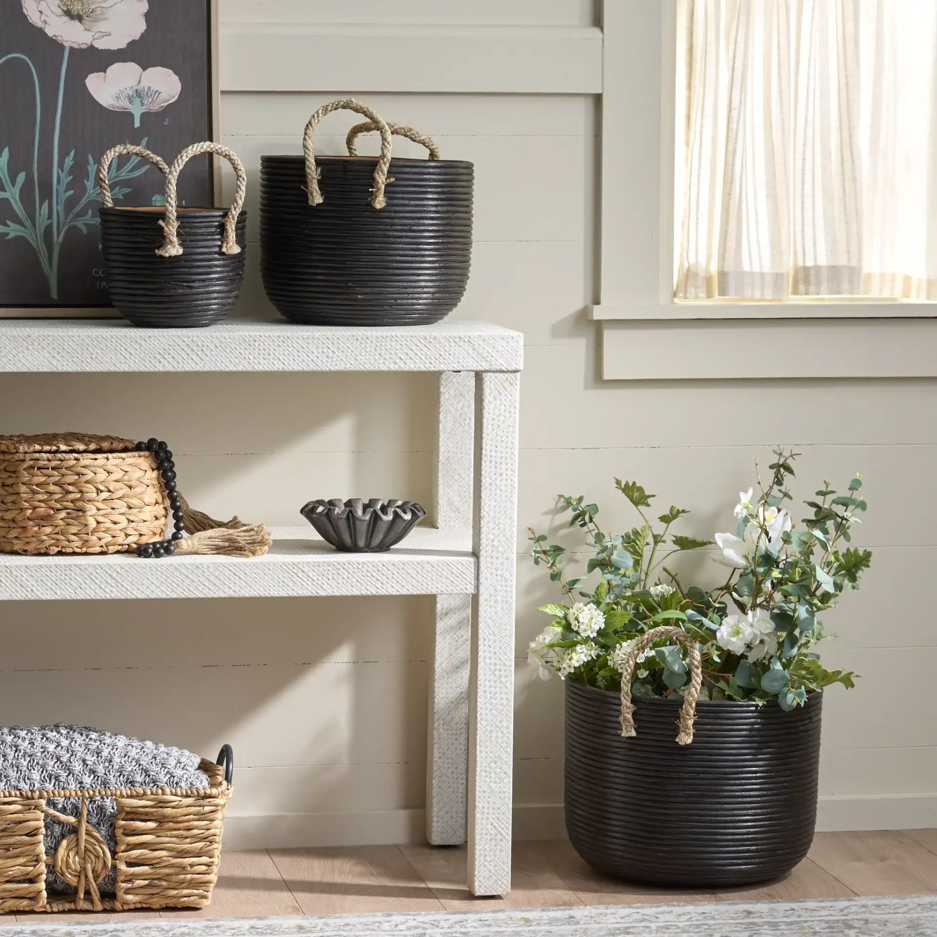 Renley Set Of Three-Baskets in Black / Natural in a styled room