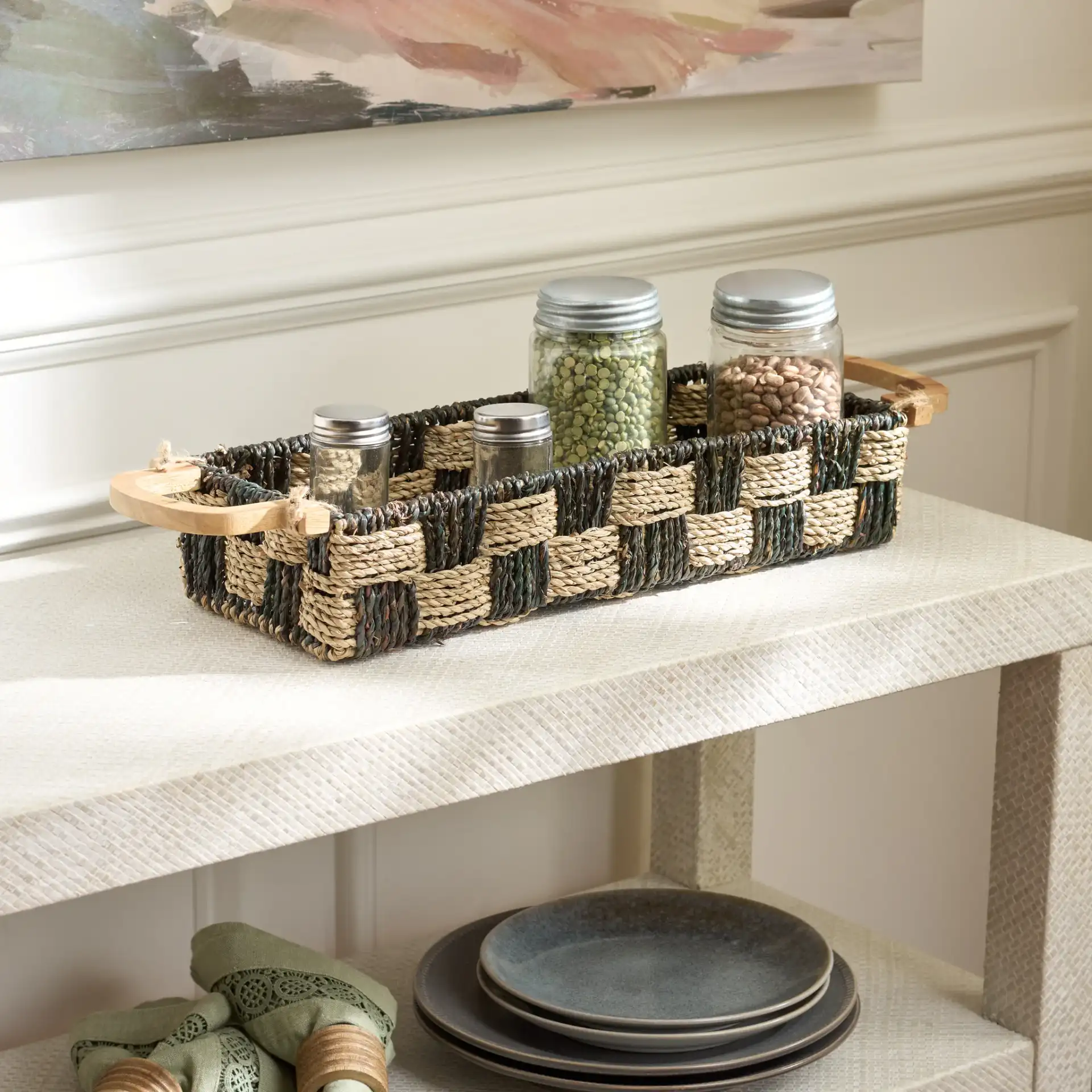 Quinley Basket in Natural / Dark Natural in a styled room