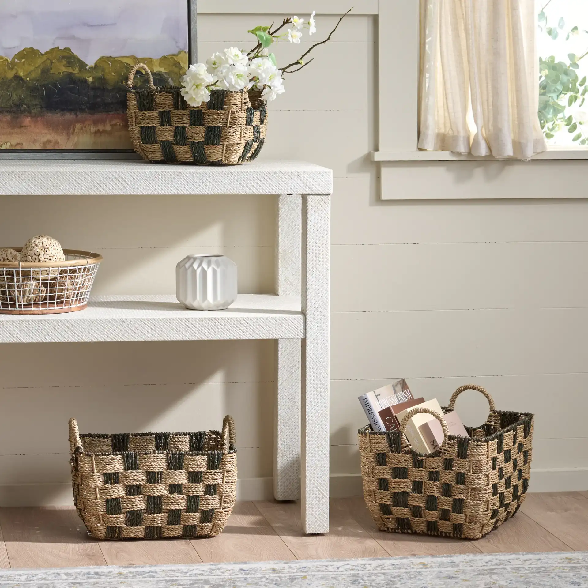 Fillip Set Of Three-Baskets in Natural / Dark Natural in a styled room