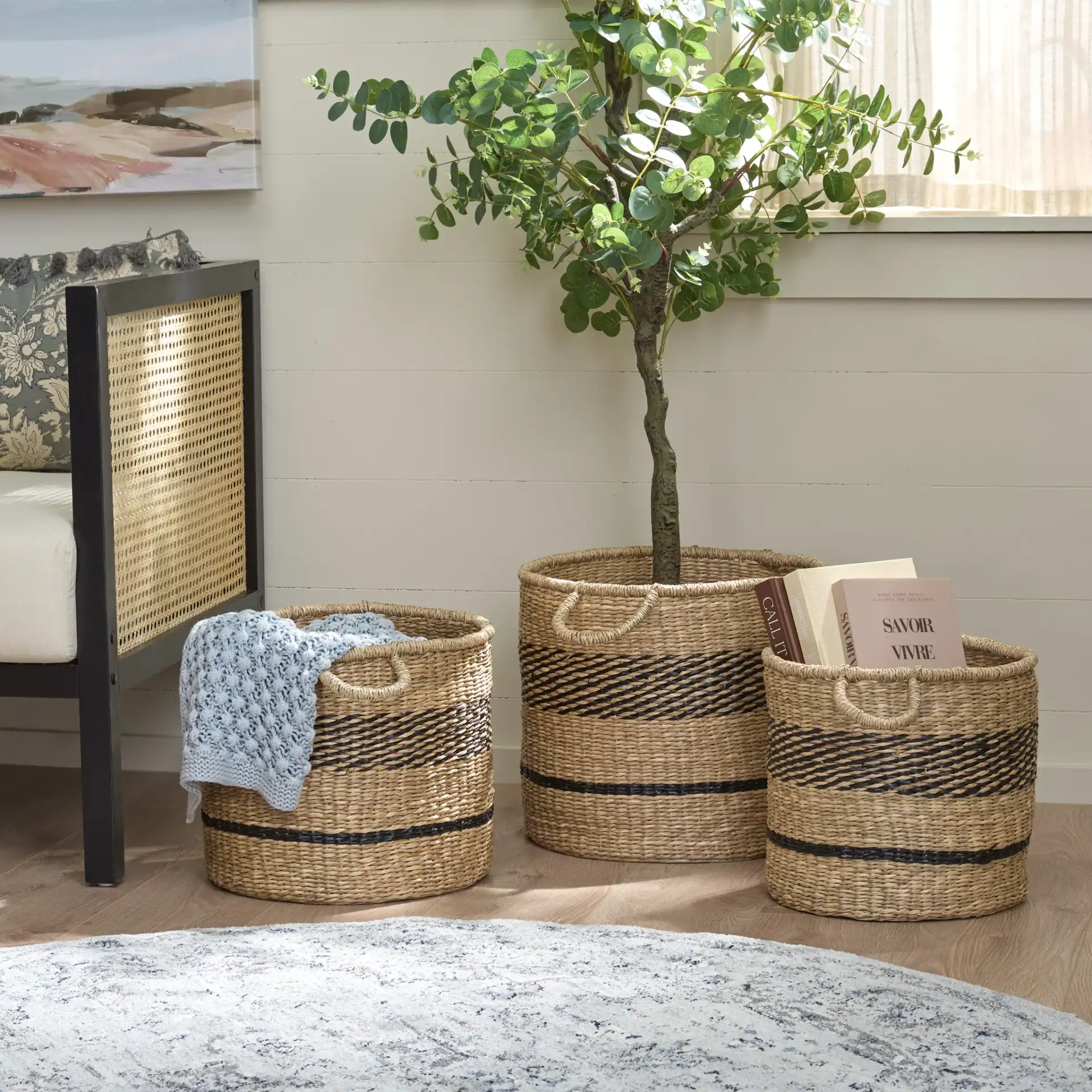 Beris Set Of Three-Baskets in Natural / Black in a styled room