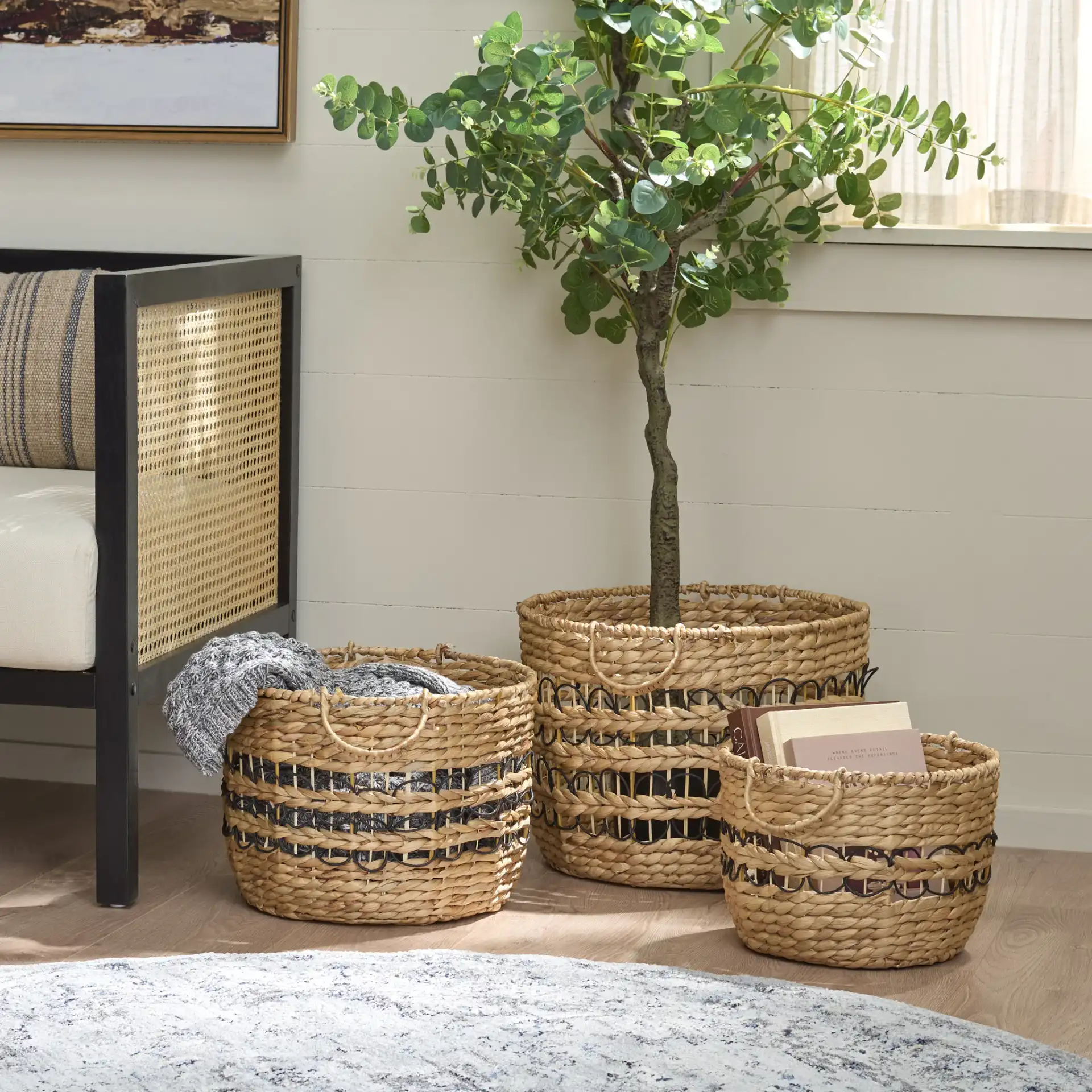 Pitof Set Of Three-Baskets in Natural / Black in a styled room
