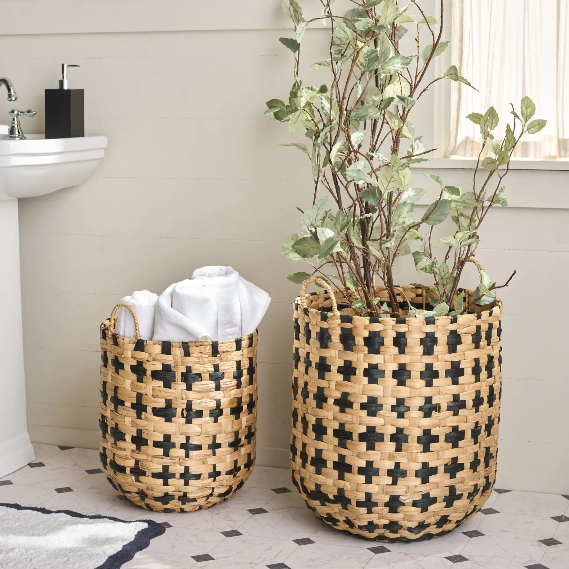 Richy Set Of Two-Baskets in Natural / Black in a styled room