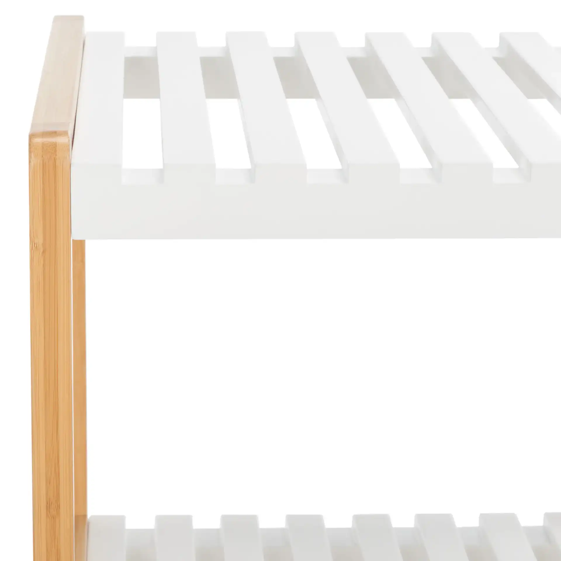 Paxter Three-Tier Shelf in White / Natural in a styled room