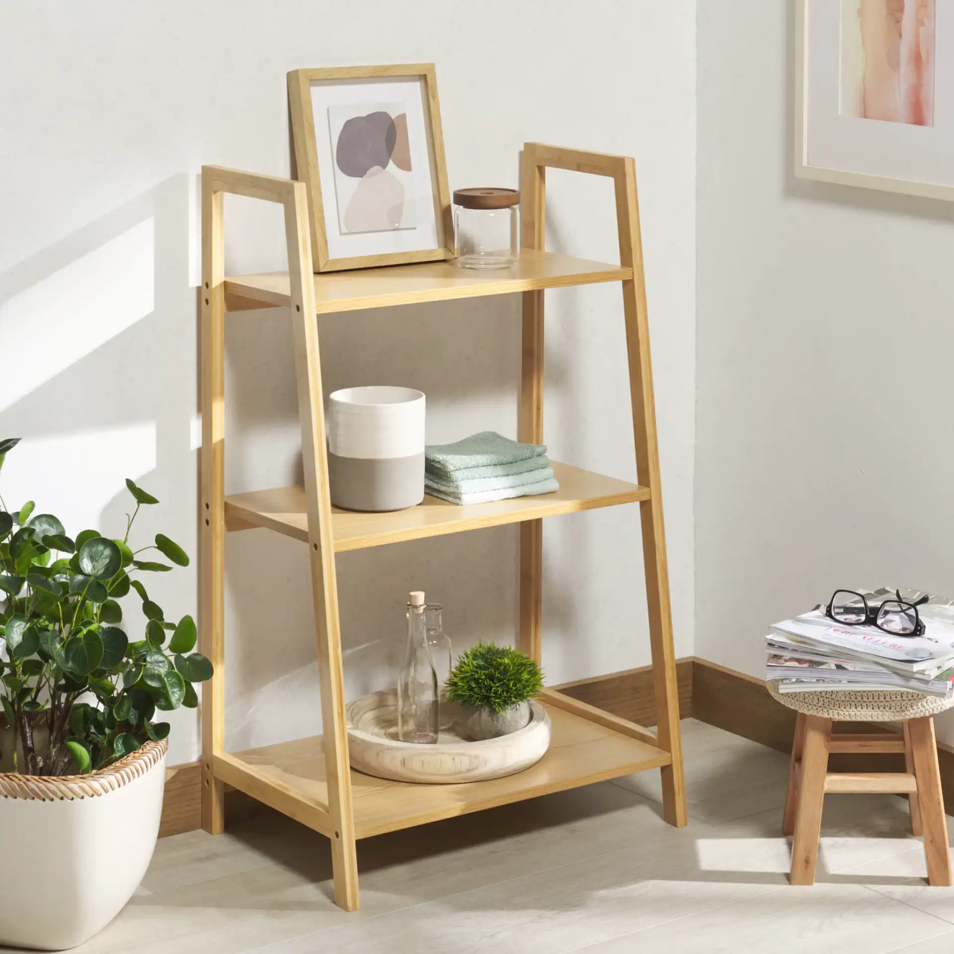 Alucard Three-Tier Shelf in Natural in a styled room