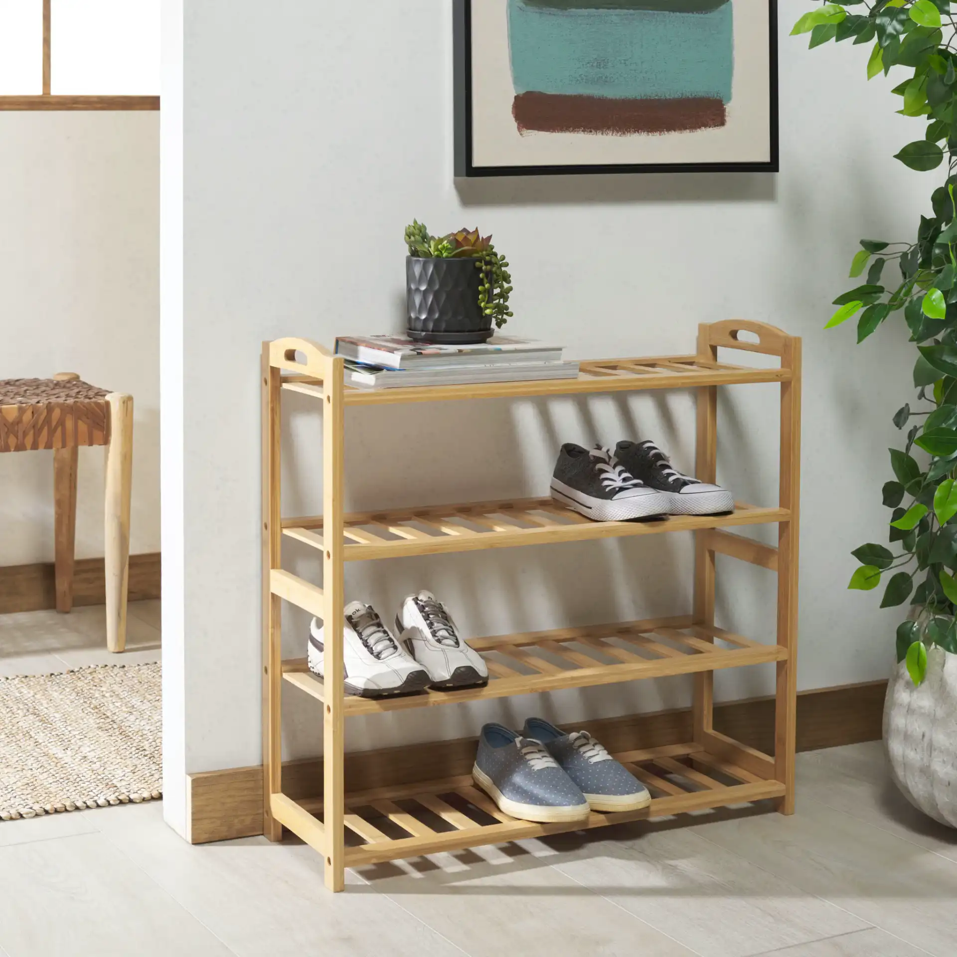 Angford Four-Tier Shelf in Natural in a styled room