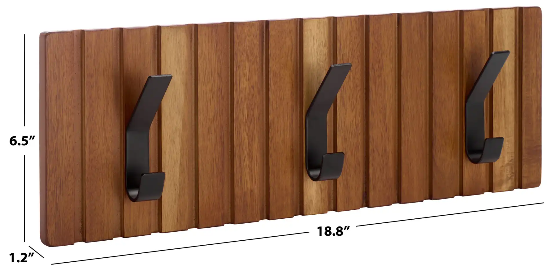 Fraizer Three-Hook Wall-Mounted Coat Rack in Natural Acacia / Black, detail view