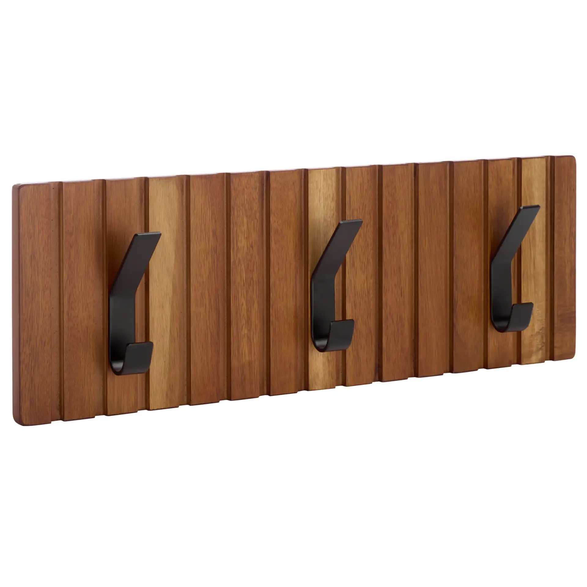 Fraizer Three-Hook Wall-Mounted Coat Rack in Natural Acacia / Black, detail view