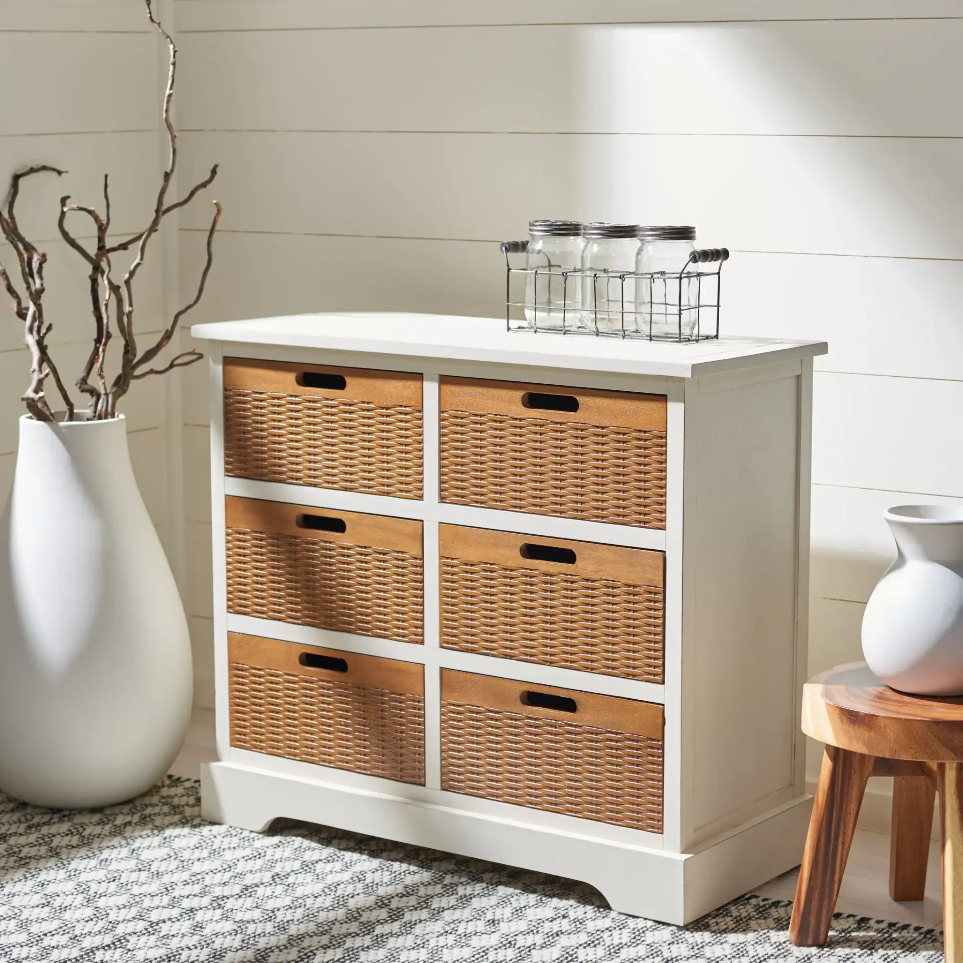 Landers Six-Drawer Storage Unit in Honey Brown in a styled room