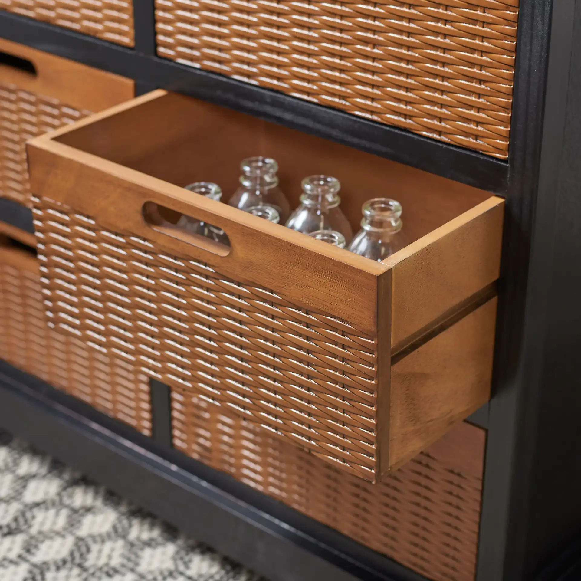 Landers Six-Drawer Storage Unit in Honey Brown in a styled room