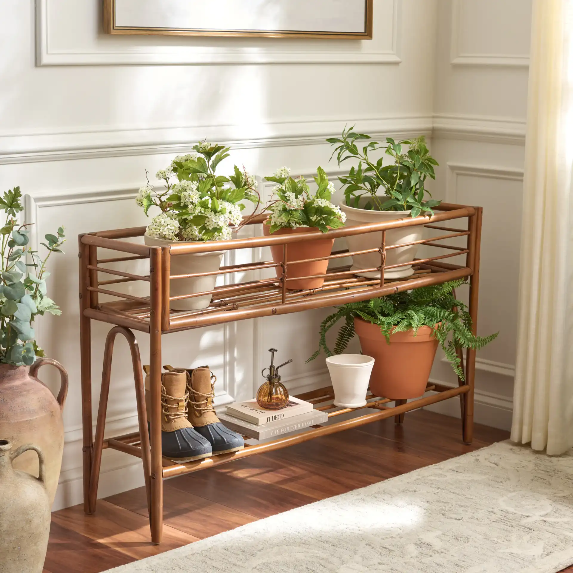 Julep Large Plant Stand Console in Natural Brown in a styled room