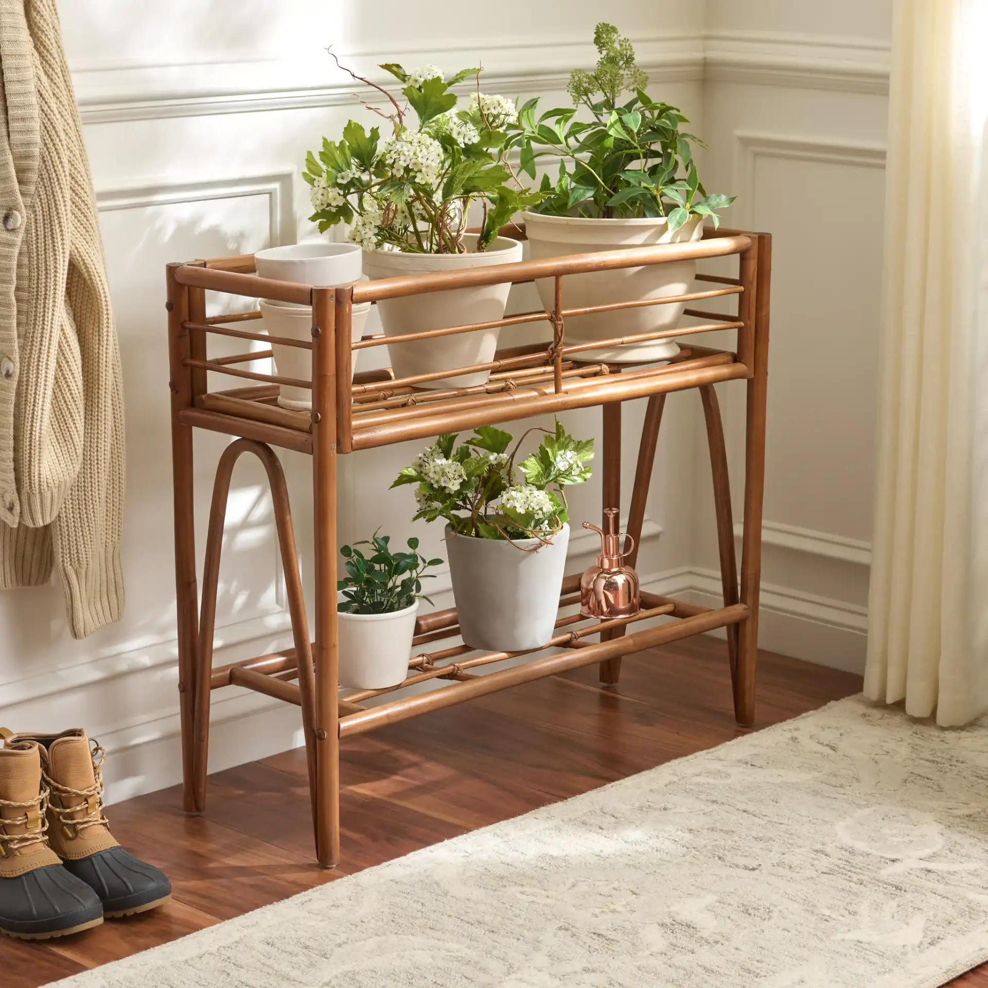 Julep Small Plant Stand Console in Natural Brown in a styled room