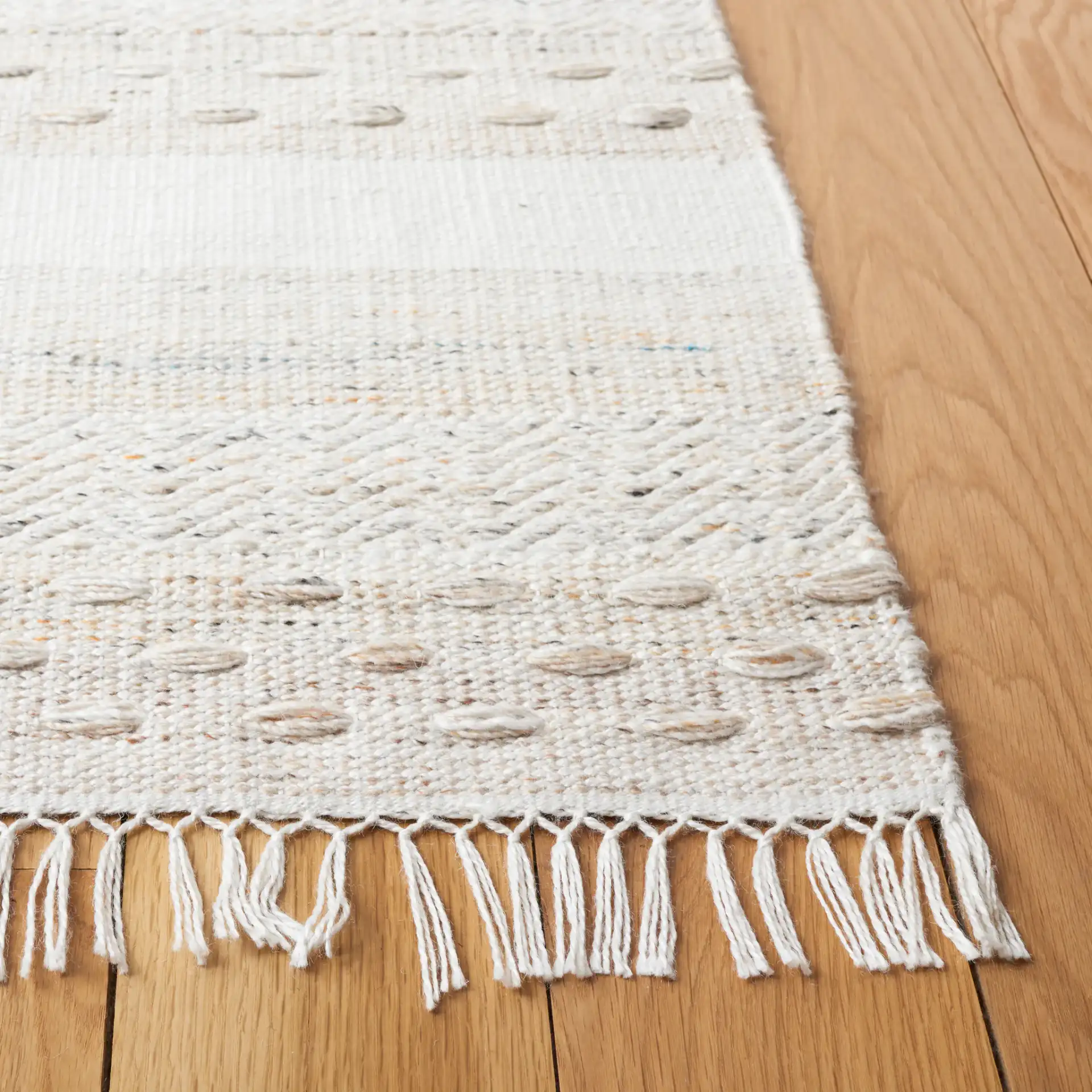 Striped Kilim Scandinavian Textured Rug in Beige / Ivory in a styled room