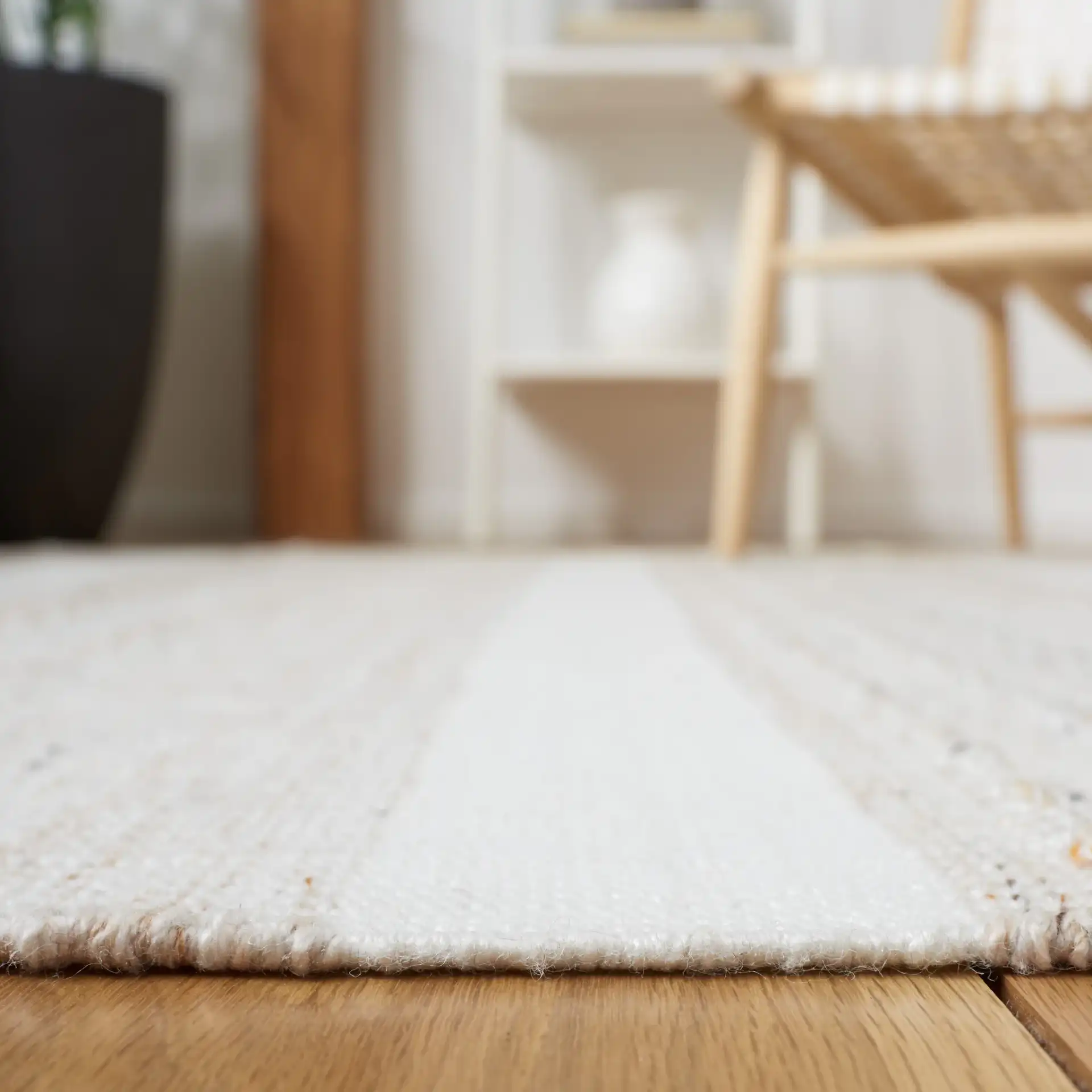 Striped Kilim Scandinavian Textured Rug in Beige / Ivory in a styled room