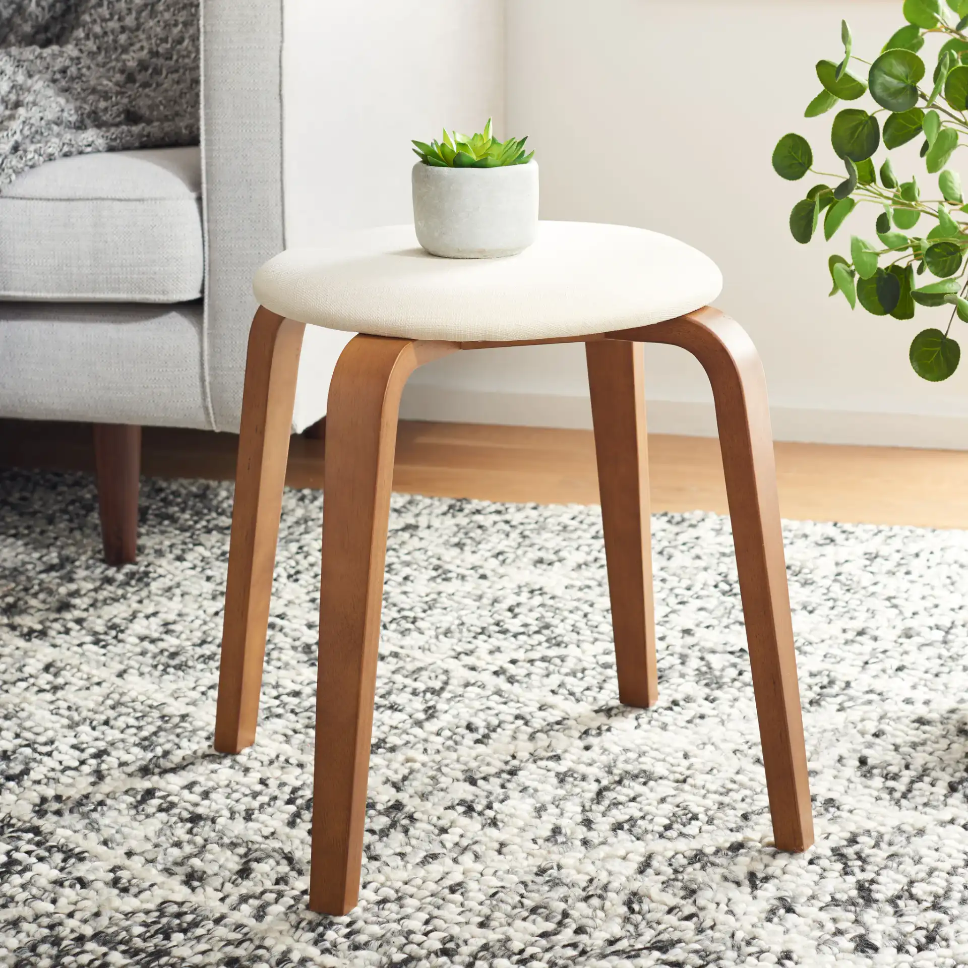 Jo Upholstered Stackable Stool in Walnut / Cream in a styled room