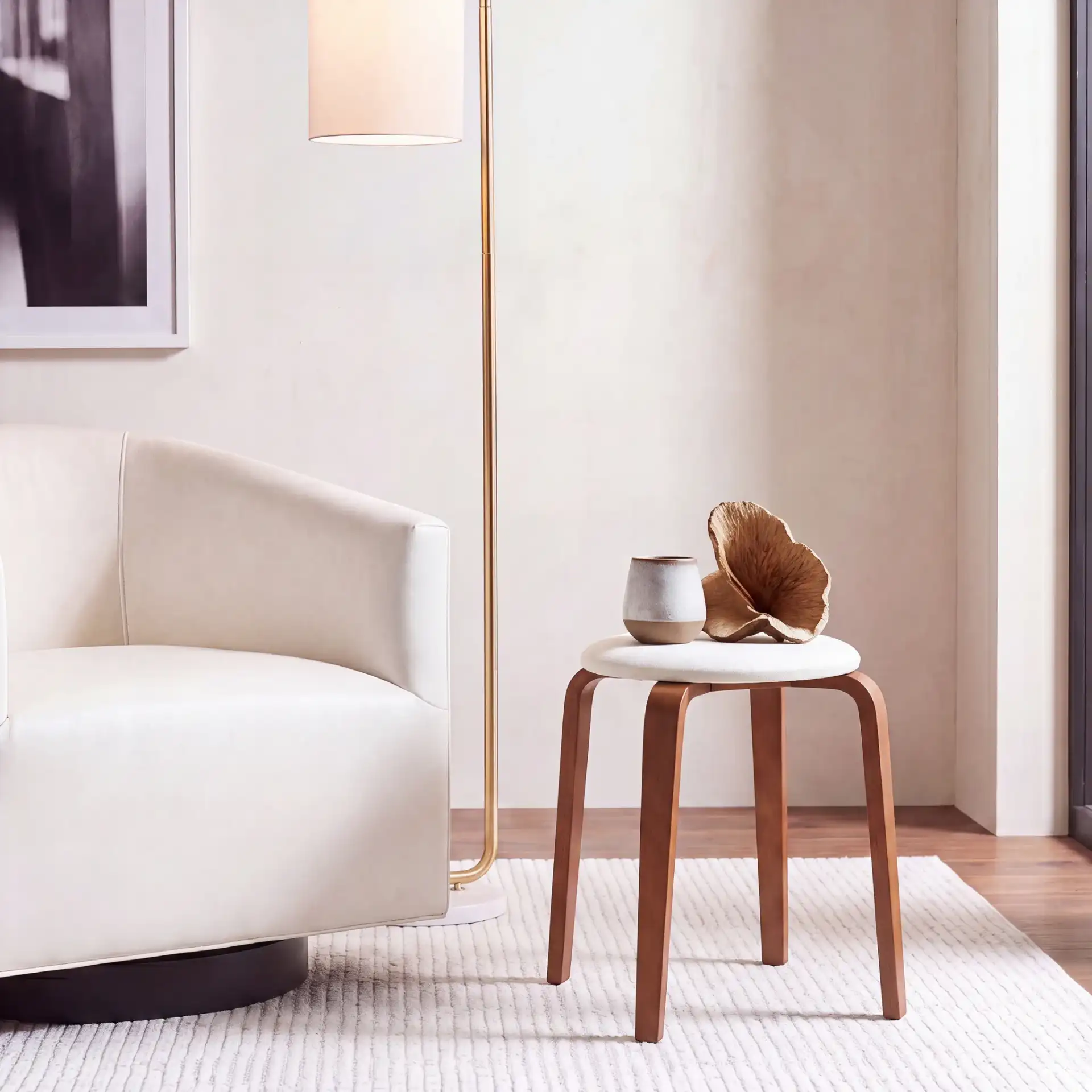 Jo Upholstered Stackable Stool in Walnut / Cream in a styled room