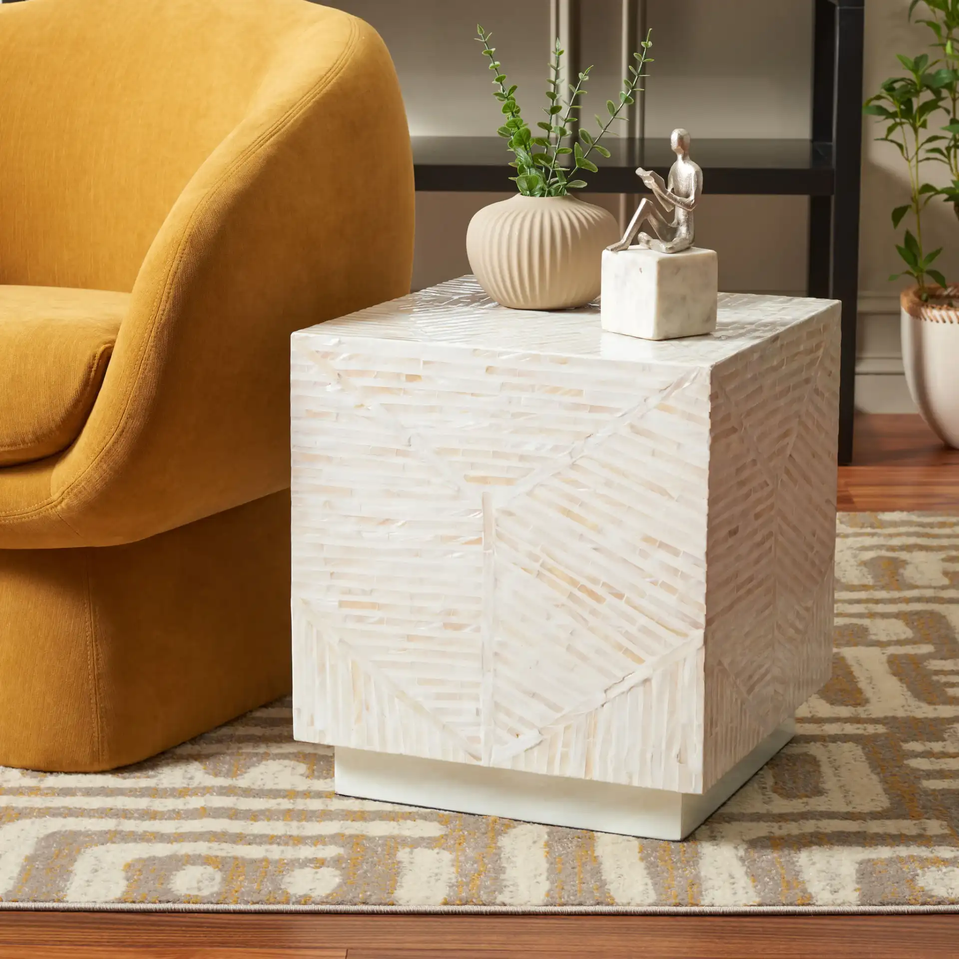 Kiely Square Stool in Champagne in a styled room