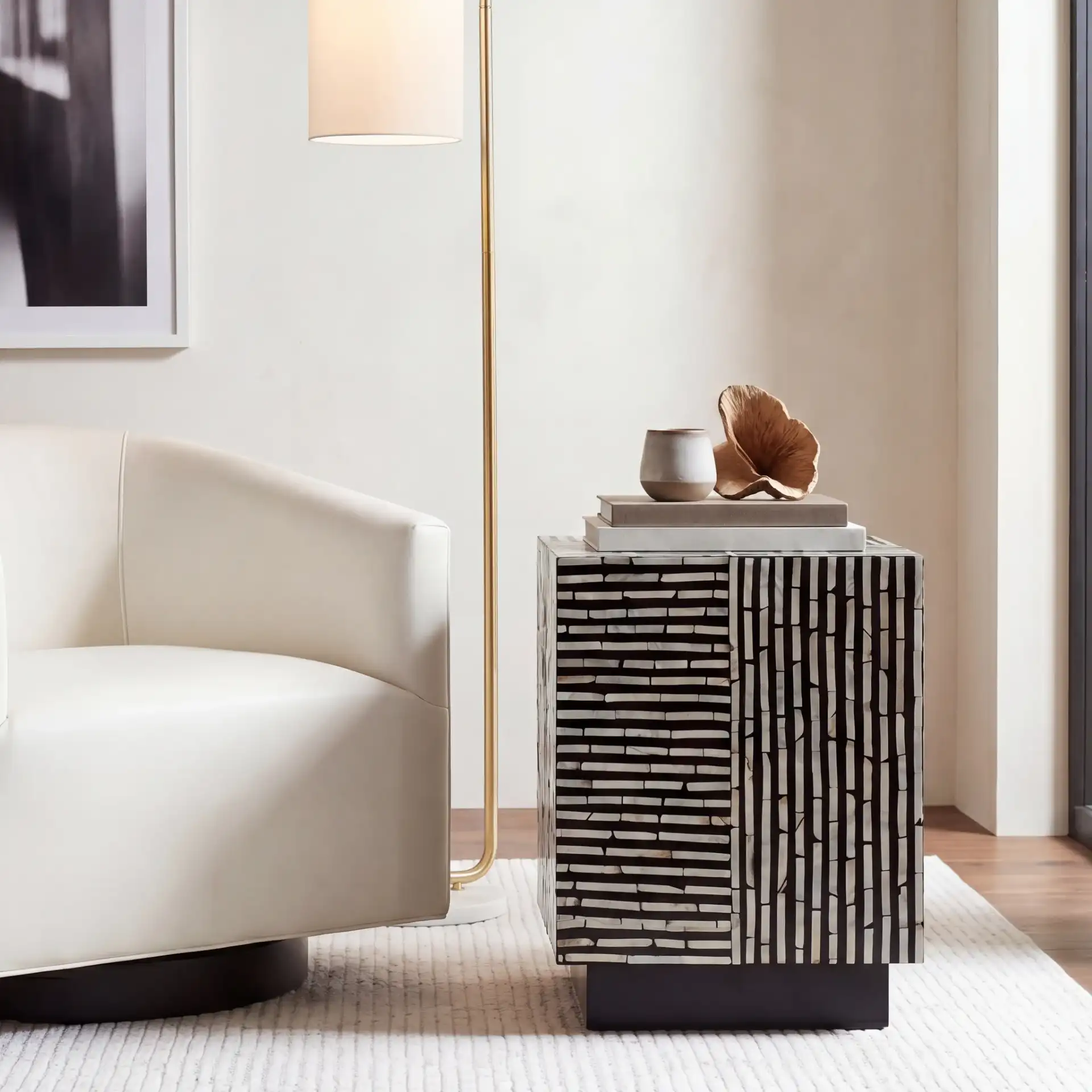 Hamza Square Stool in Multicolor / Black in a styled room