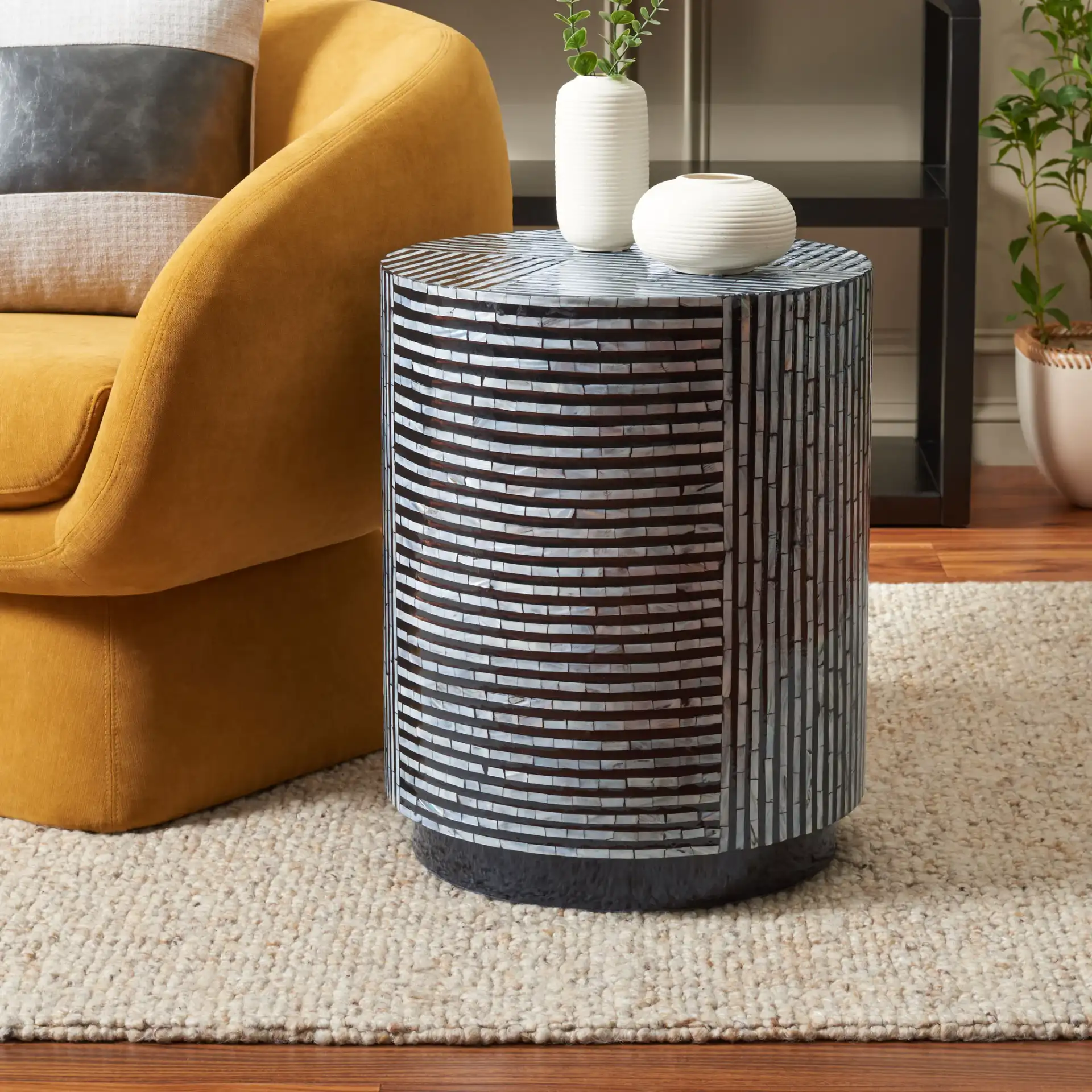 Harlon Round Stool in Multicolor / Black in a styled room