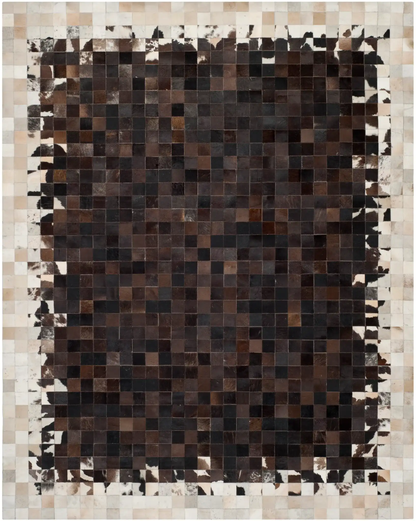 Studio Leather Bordered Patchwork Hand-Woven Rug in Ivory / Dark Brown