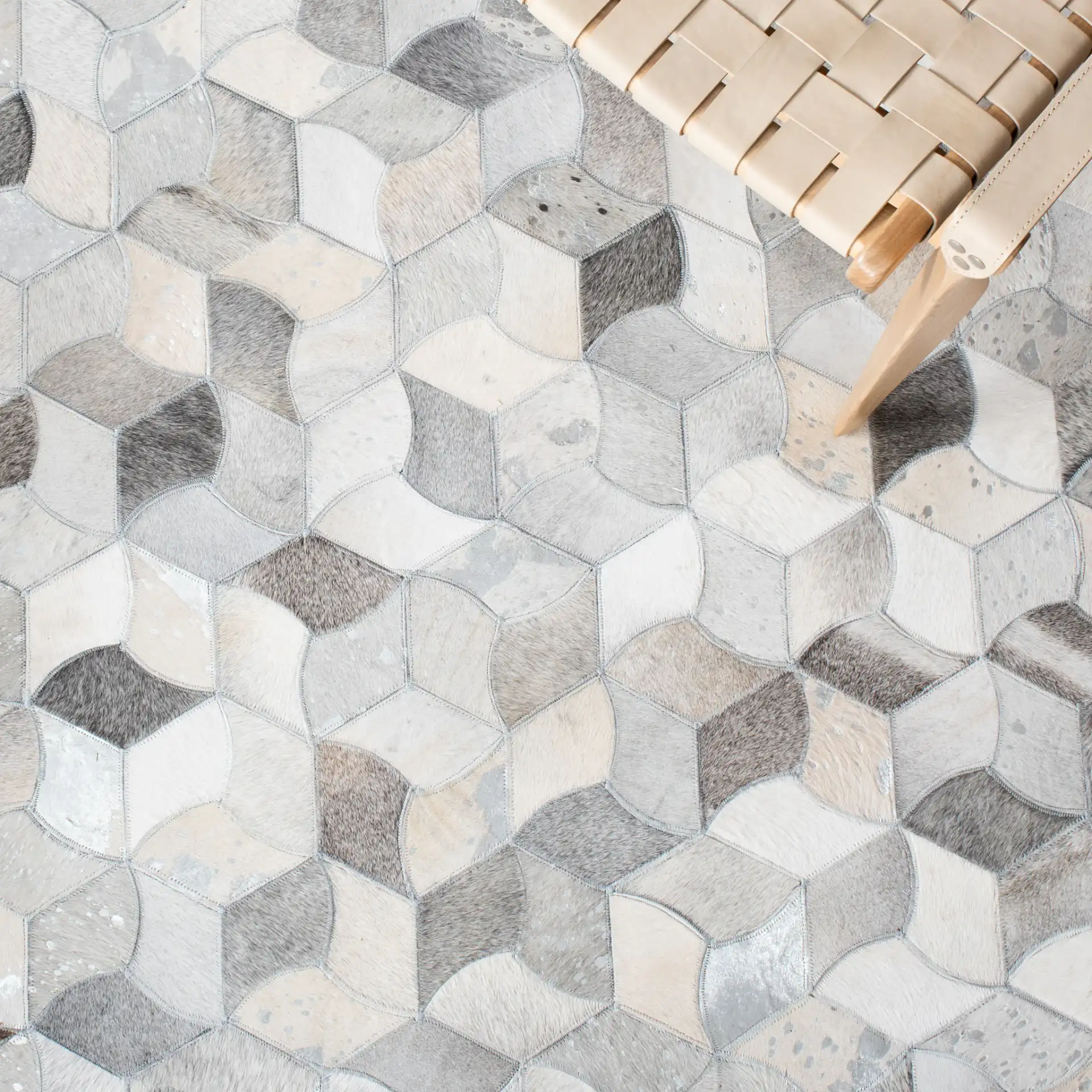Studio Leather Cube Flatweave Rug in Ivory / Gray in a styled room