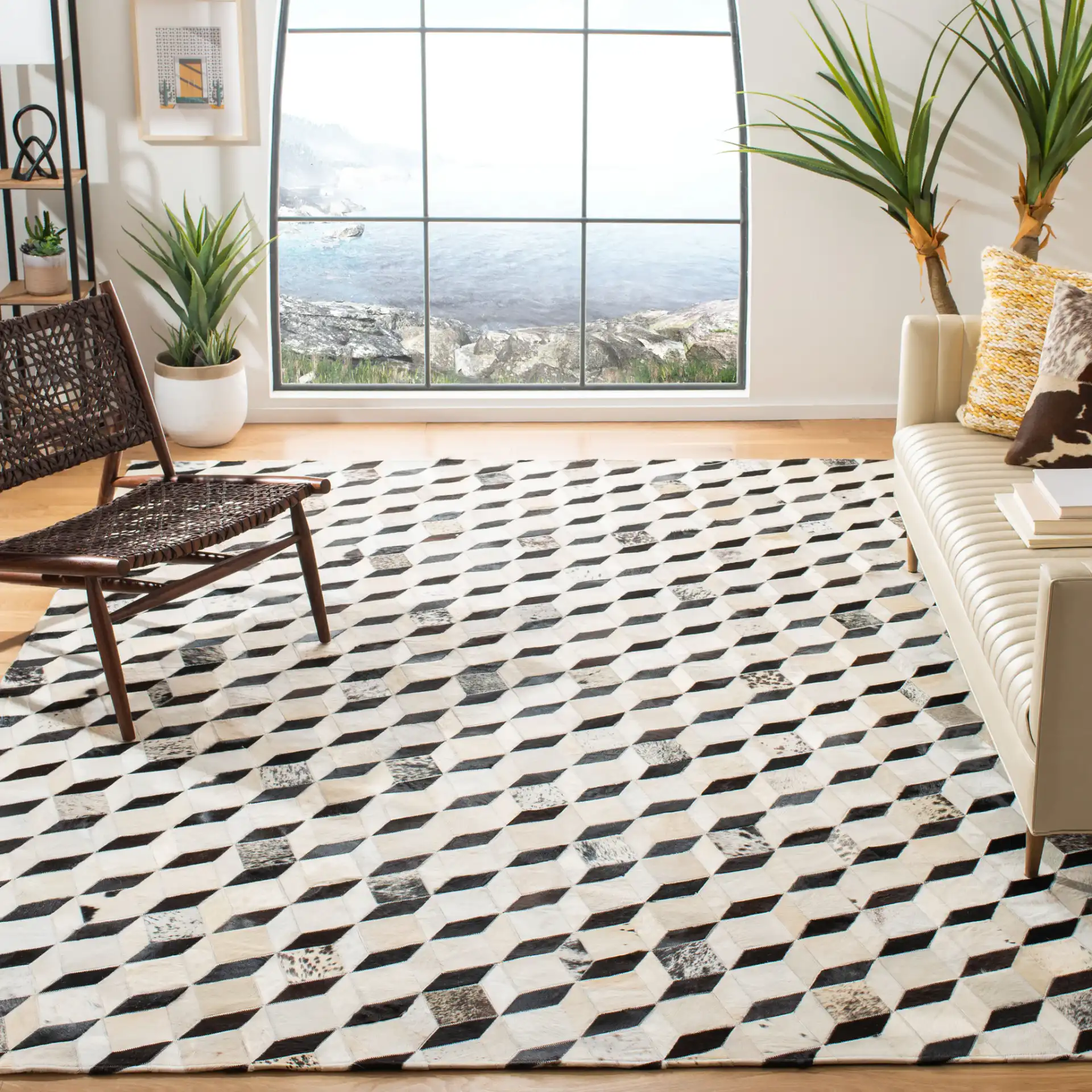 Studio Leather Patchwork Cubes Rug in Black / Gray in a styled room