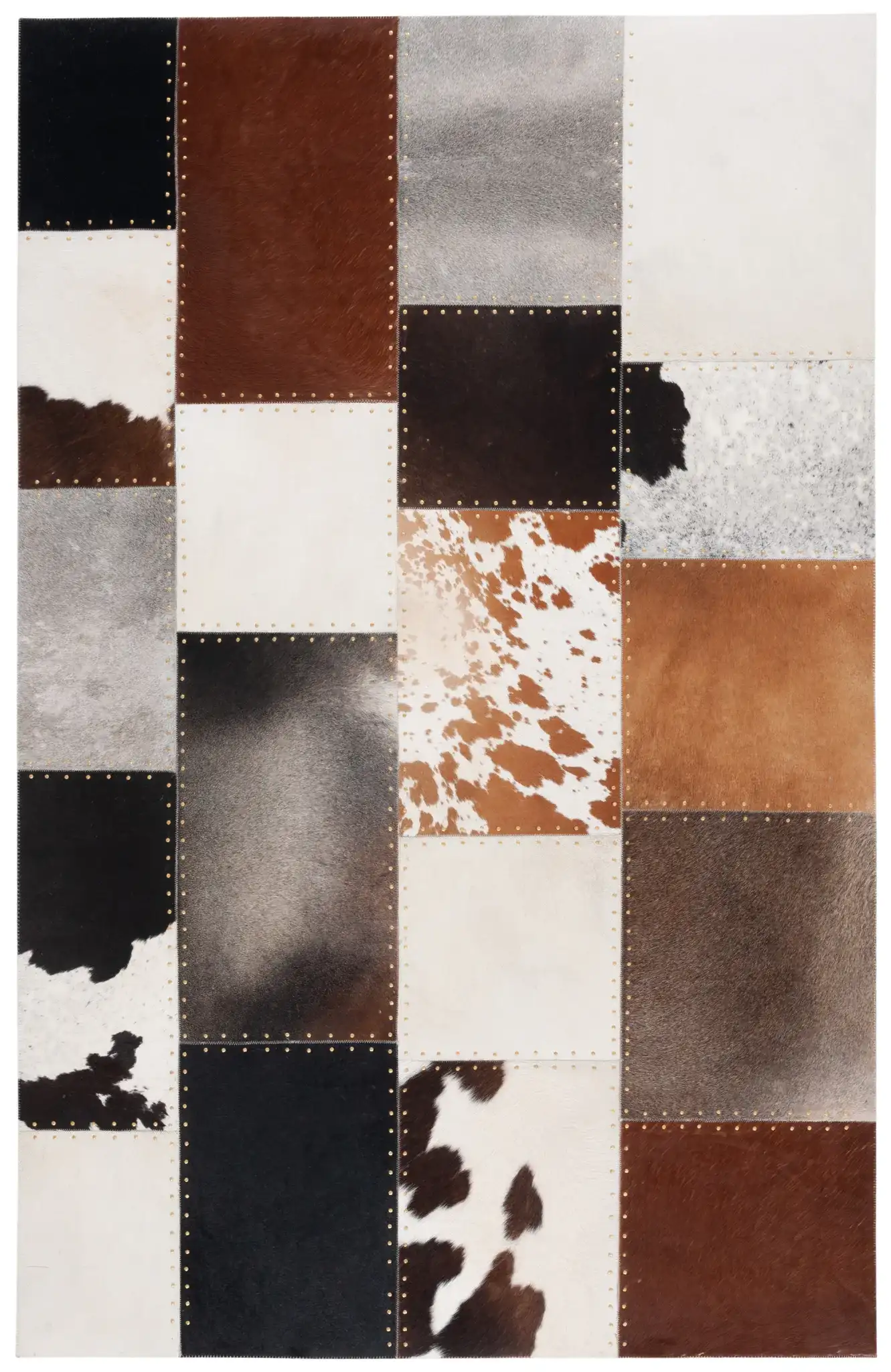 Studio Leather Rustic Block Patchwork Hand-Woven Rug in Brown / Ivory