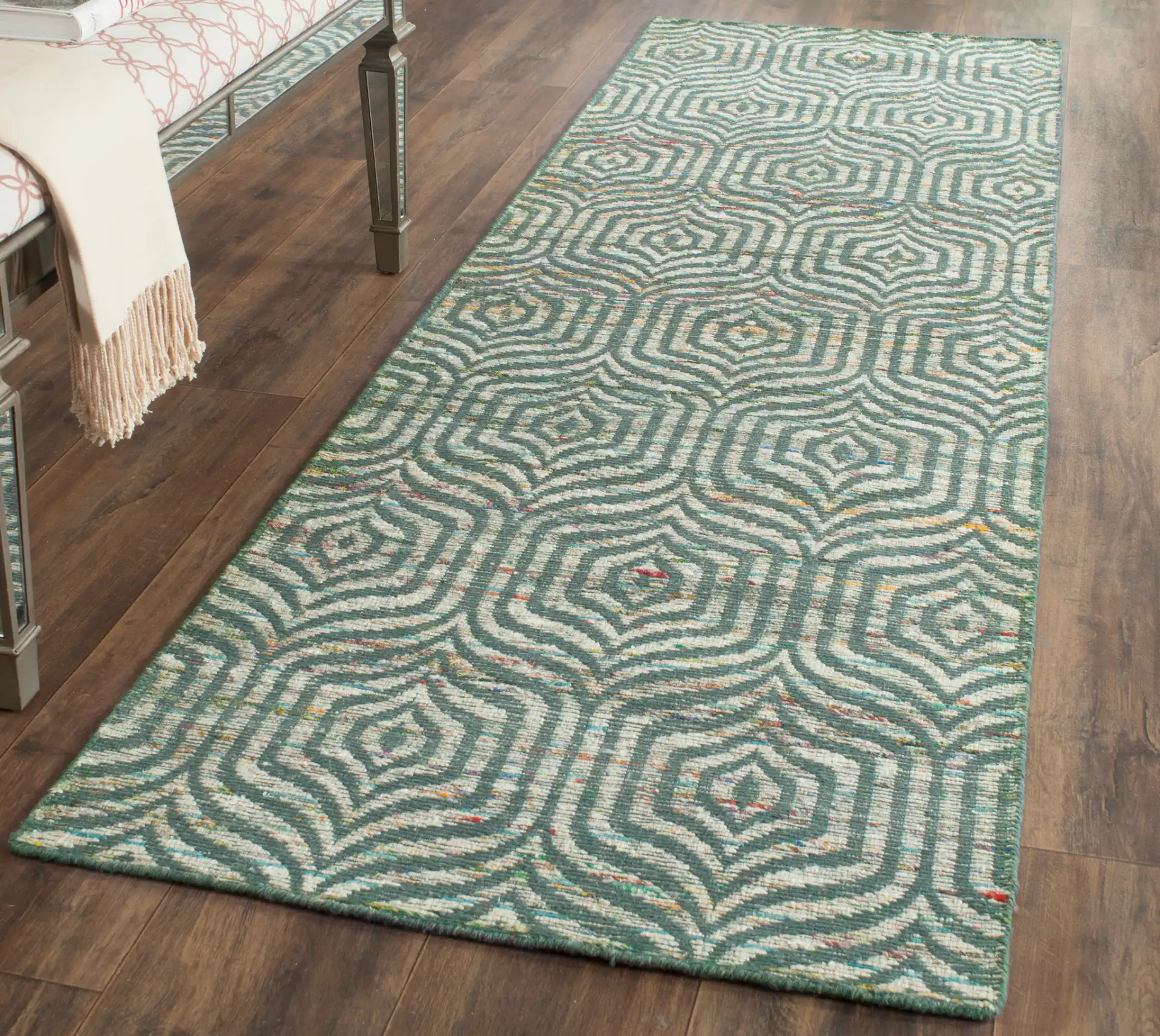 Straw Patch Interlocking Wave Hand-Woven Wool Rug in Blue / Multicolor in a styled room
