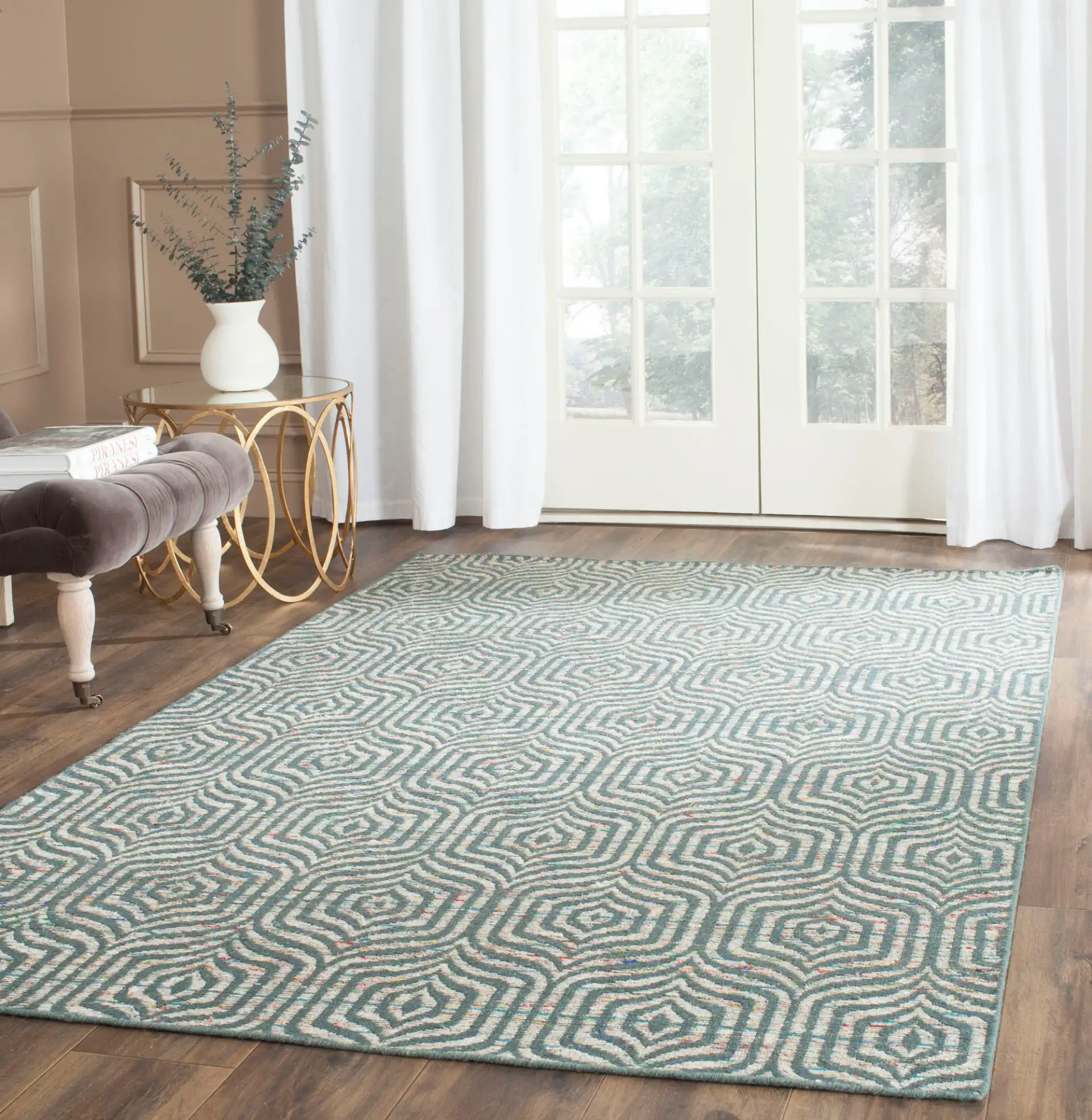 Straw Patch Interlocking Wave Hand-Woven Wool Rug in Blue / Multicolor in a styled room