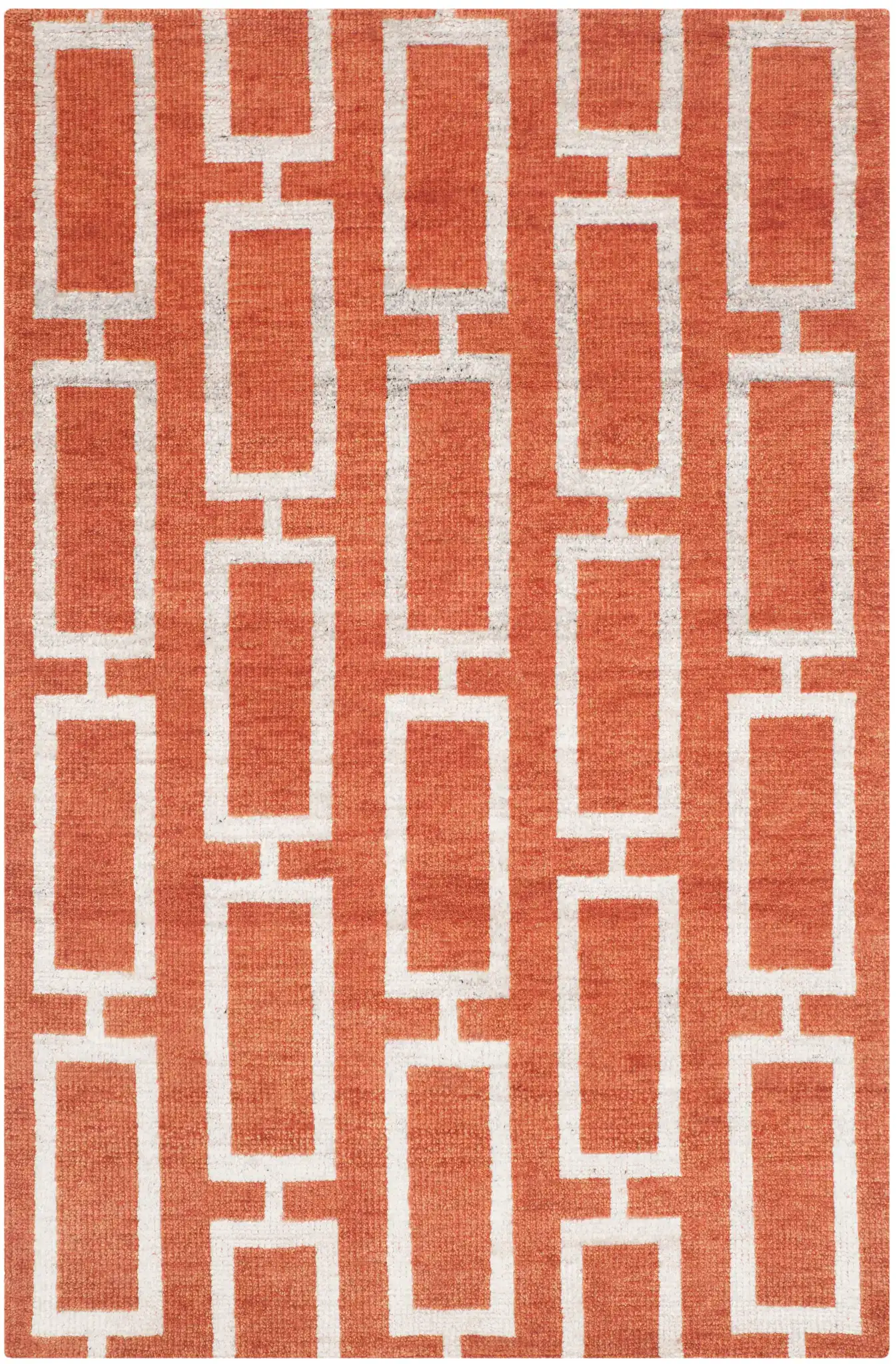 Stone Wash Interlocking Rectangles Hand-Knotted Rug in Rust