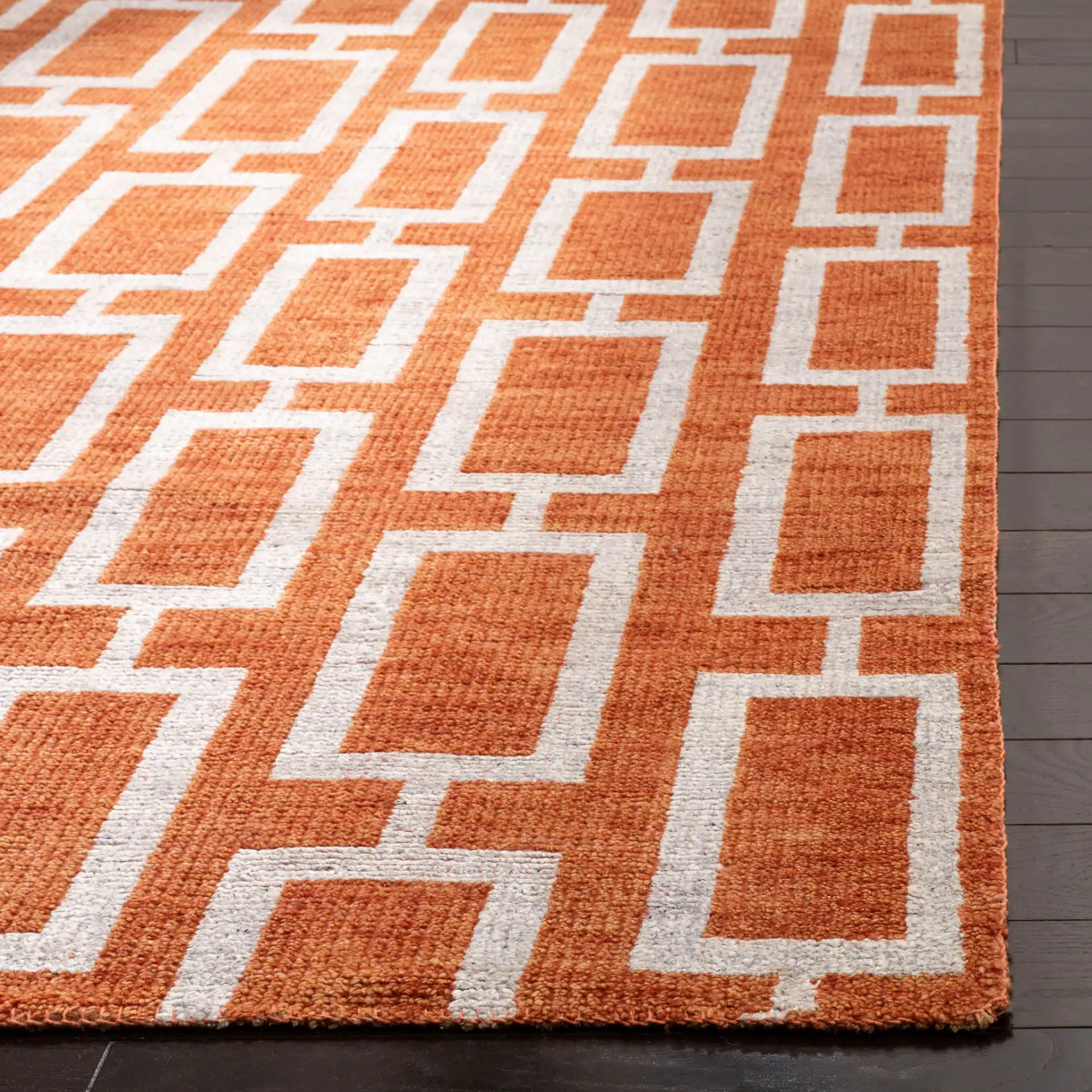 Stone Wash Interlocking Rectangles Hand-Knotted Rug in Rust in a styled room