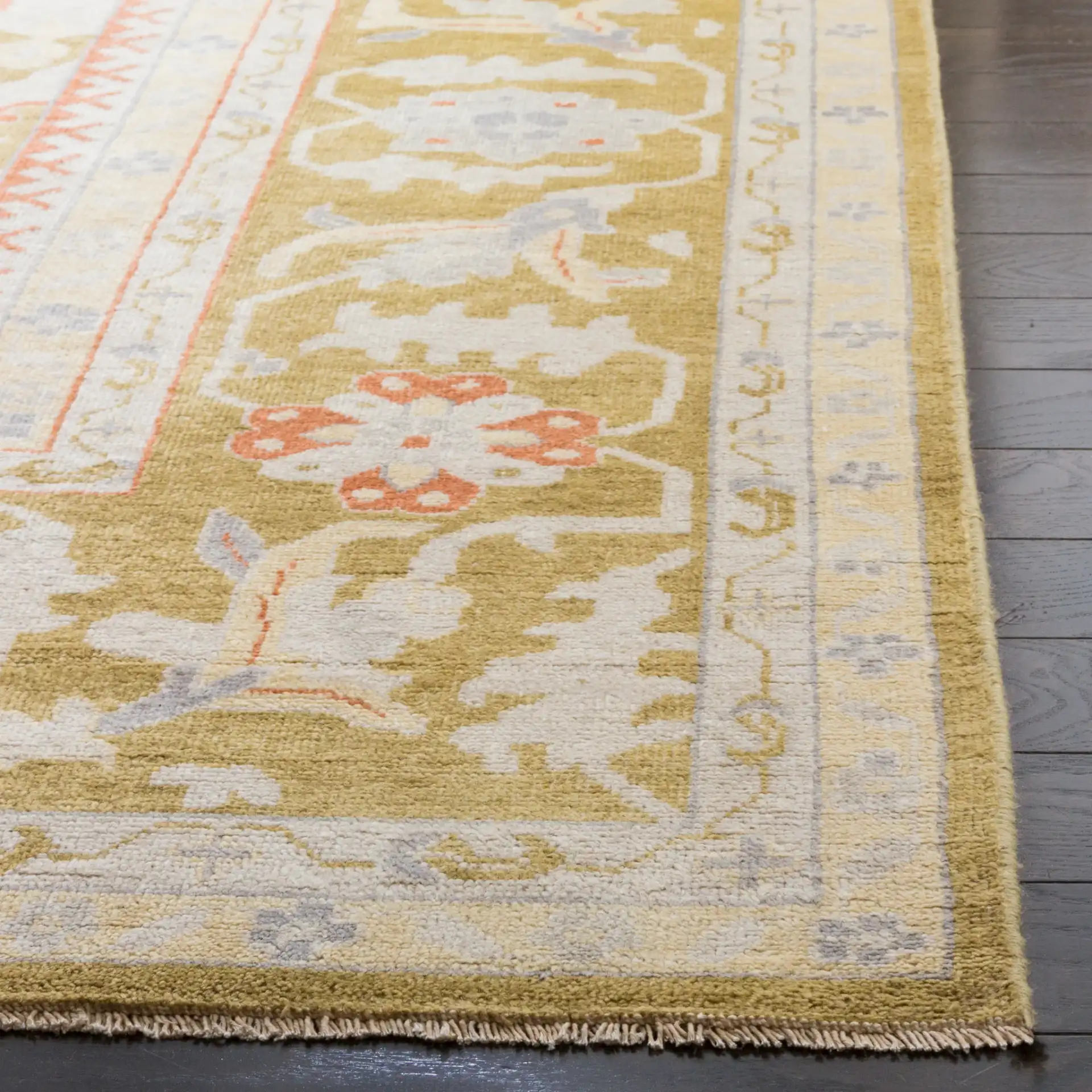Sultanabad Ornamental Hand-Knotted Wool Rug in Green in a styled room