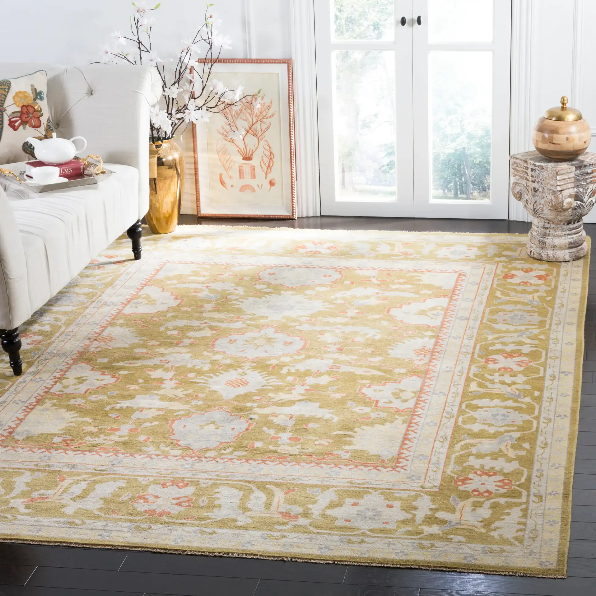Sultanabad Ornamental Hand-Knotted Wool Rug in Green in a styled room