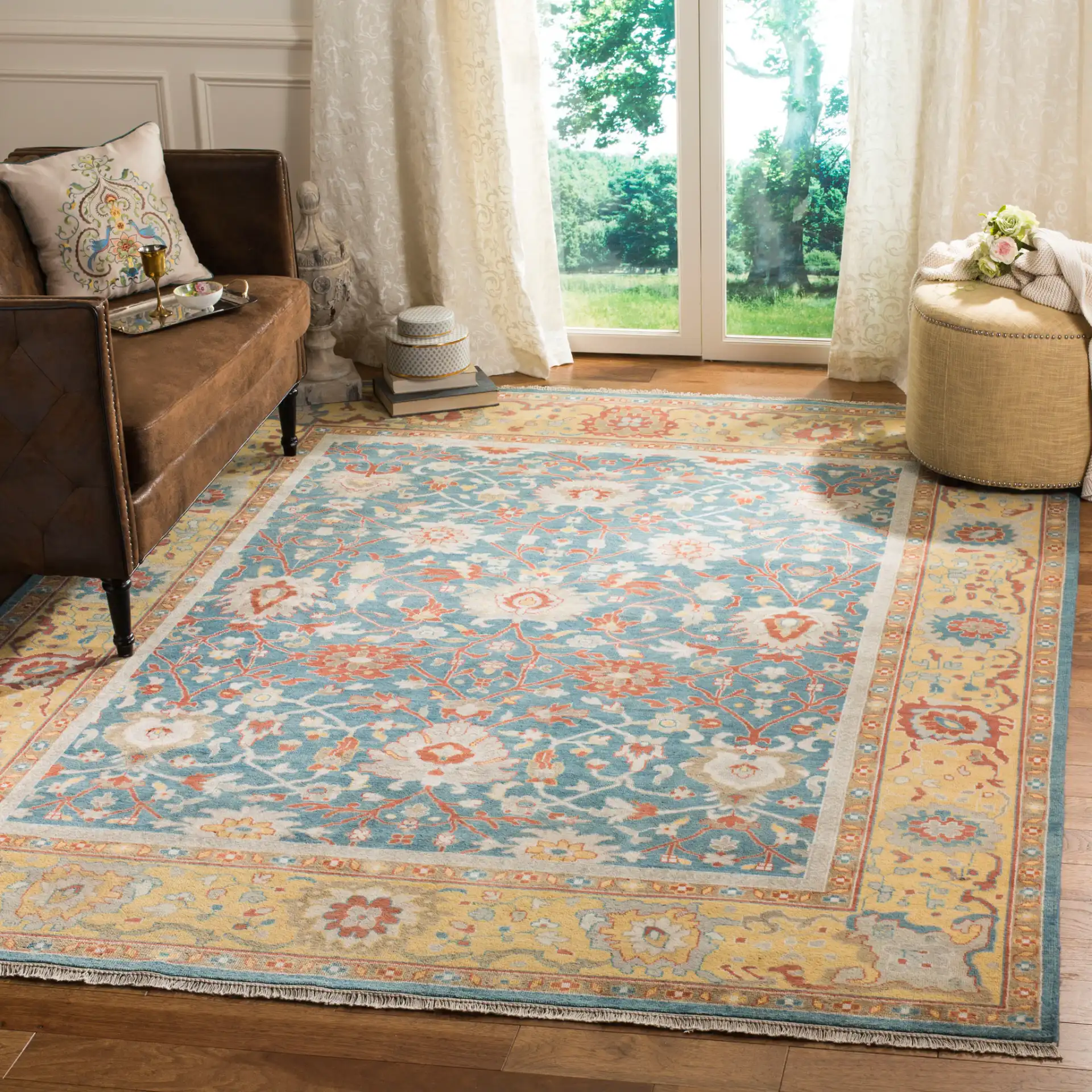 Sultanabad Floral Hand-Knotted Wool Rug in Blue / Gold in a styled room
