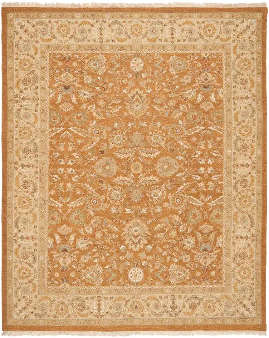 Sumak Botanical Scroll Bordered Wool Rug in Copper / Beige