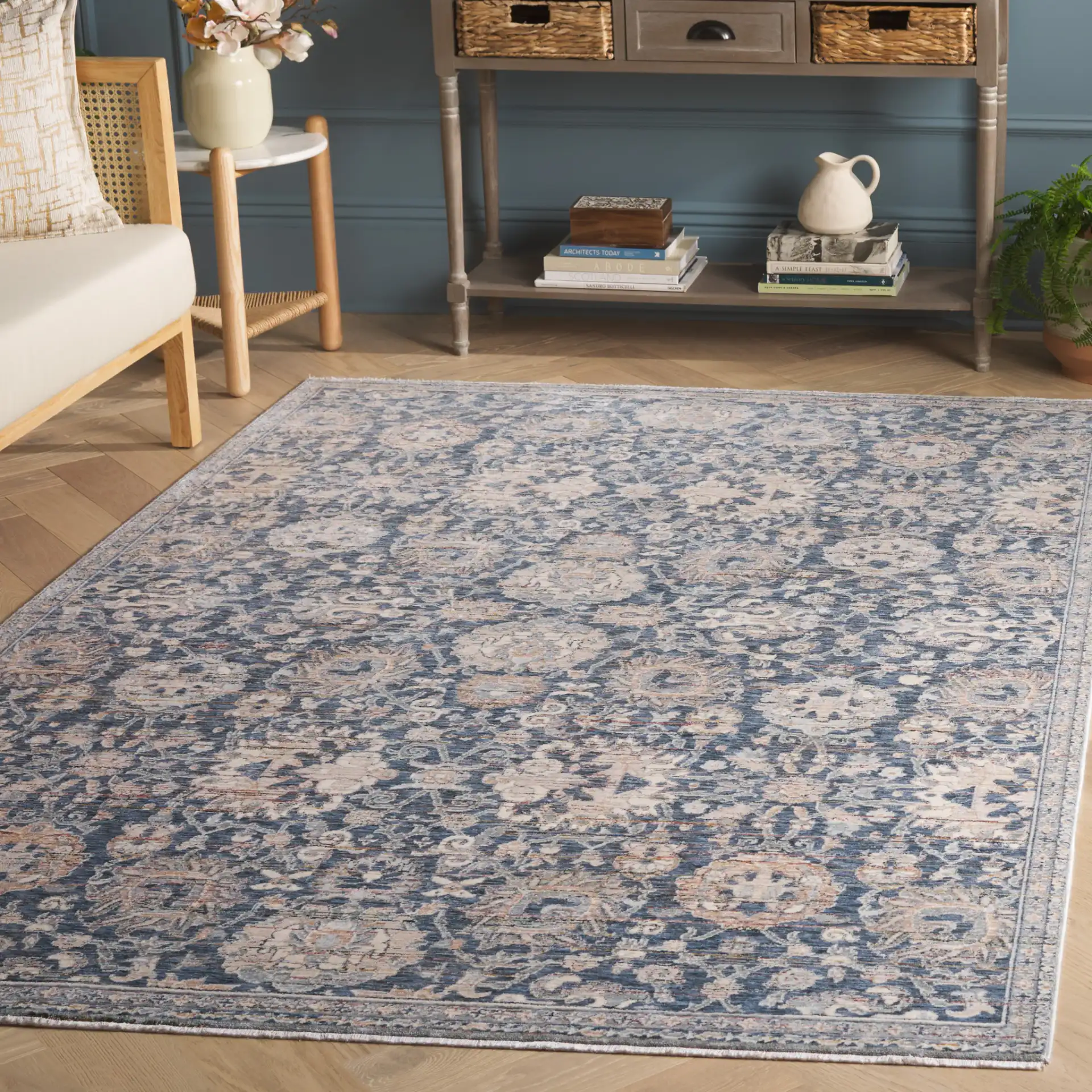 Sutton Distressed Floral Rug in Navy / Beige Brown in a styled room