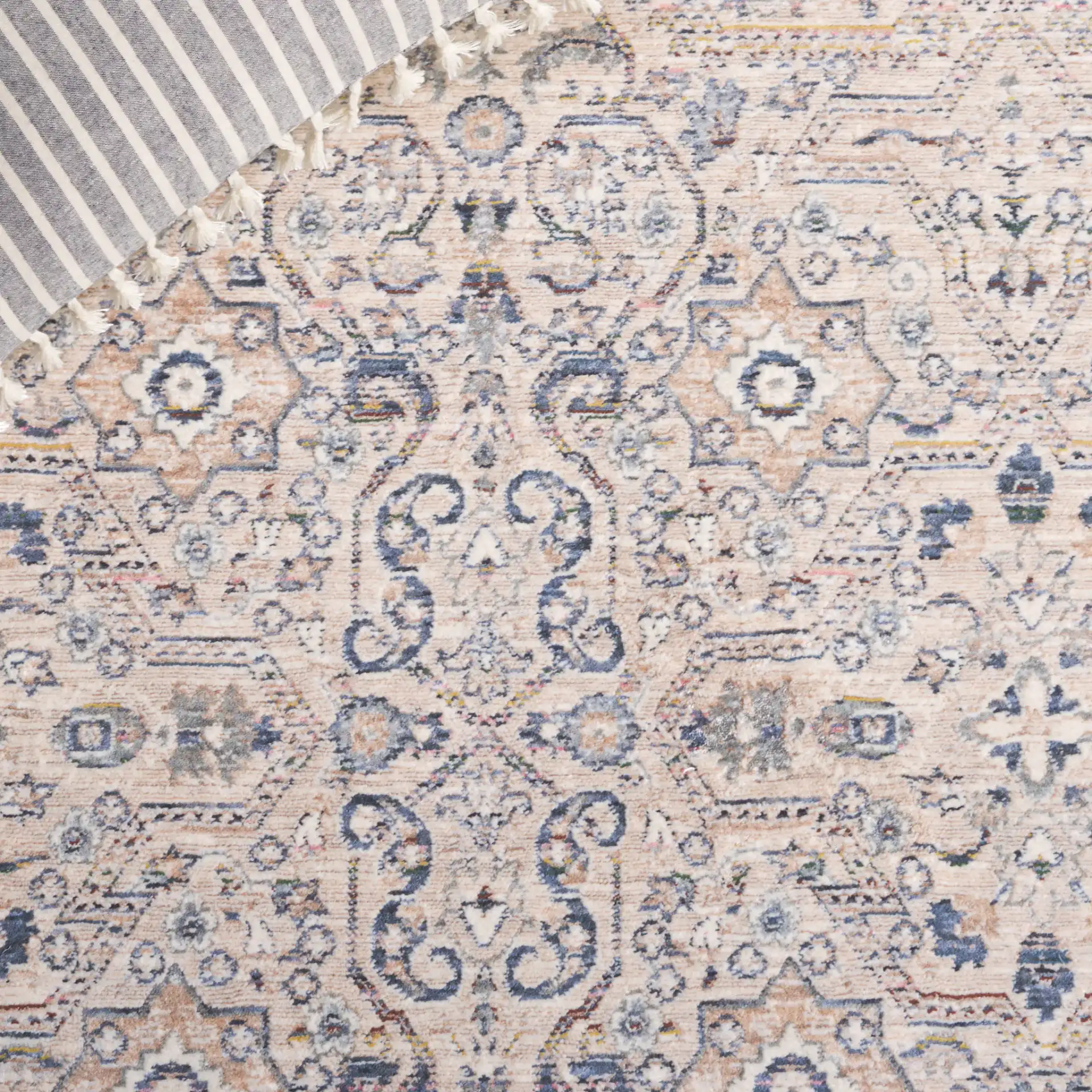 Sutton Floral Bordered Rug in Beige / Navy in a styled room