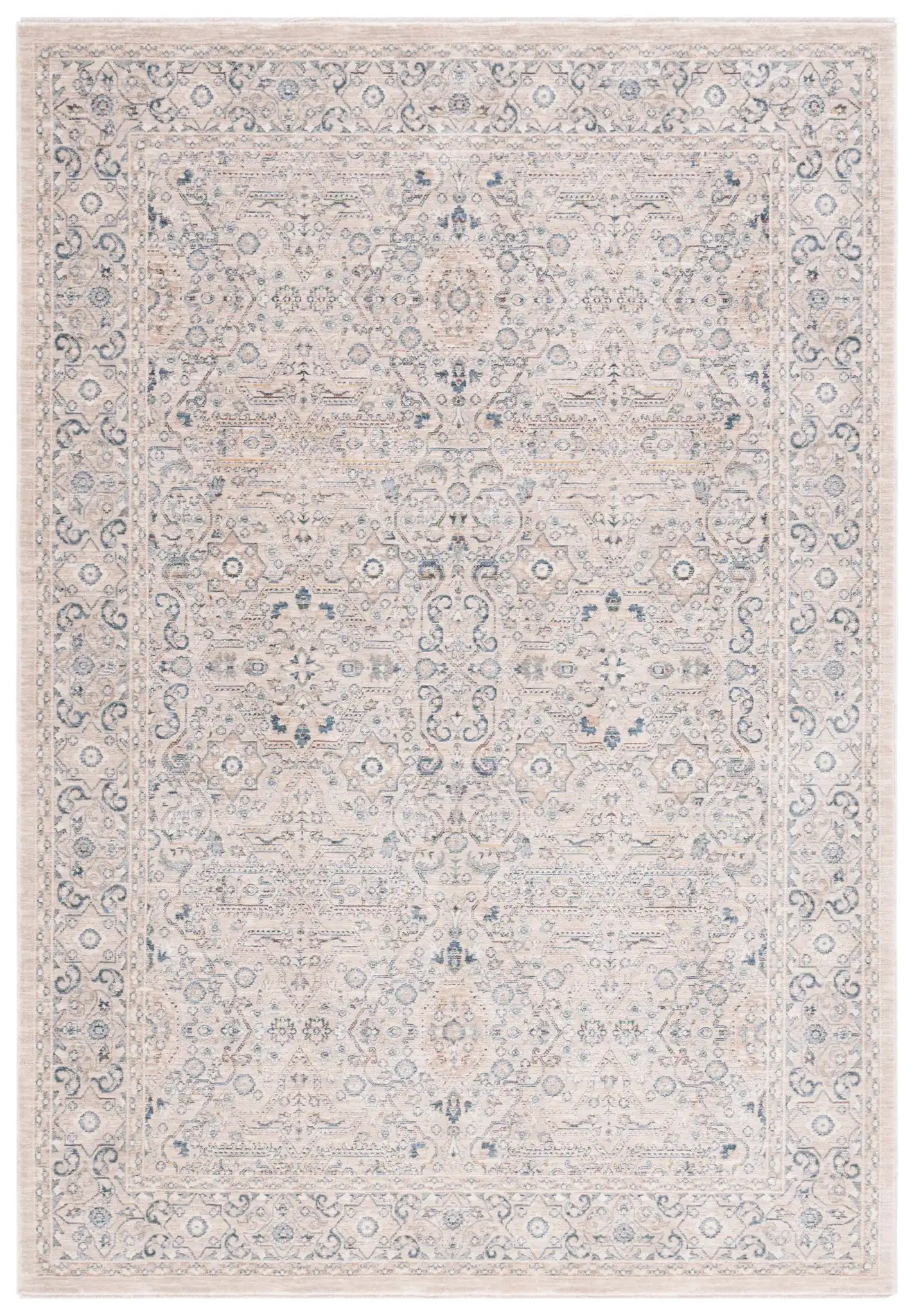Sutton Floral Bordered Rug in Beige / Navy