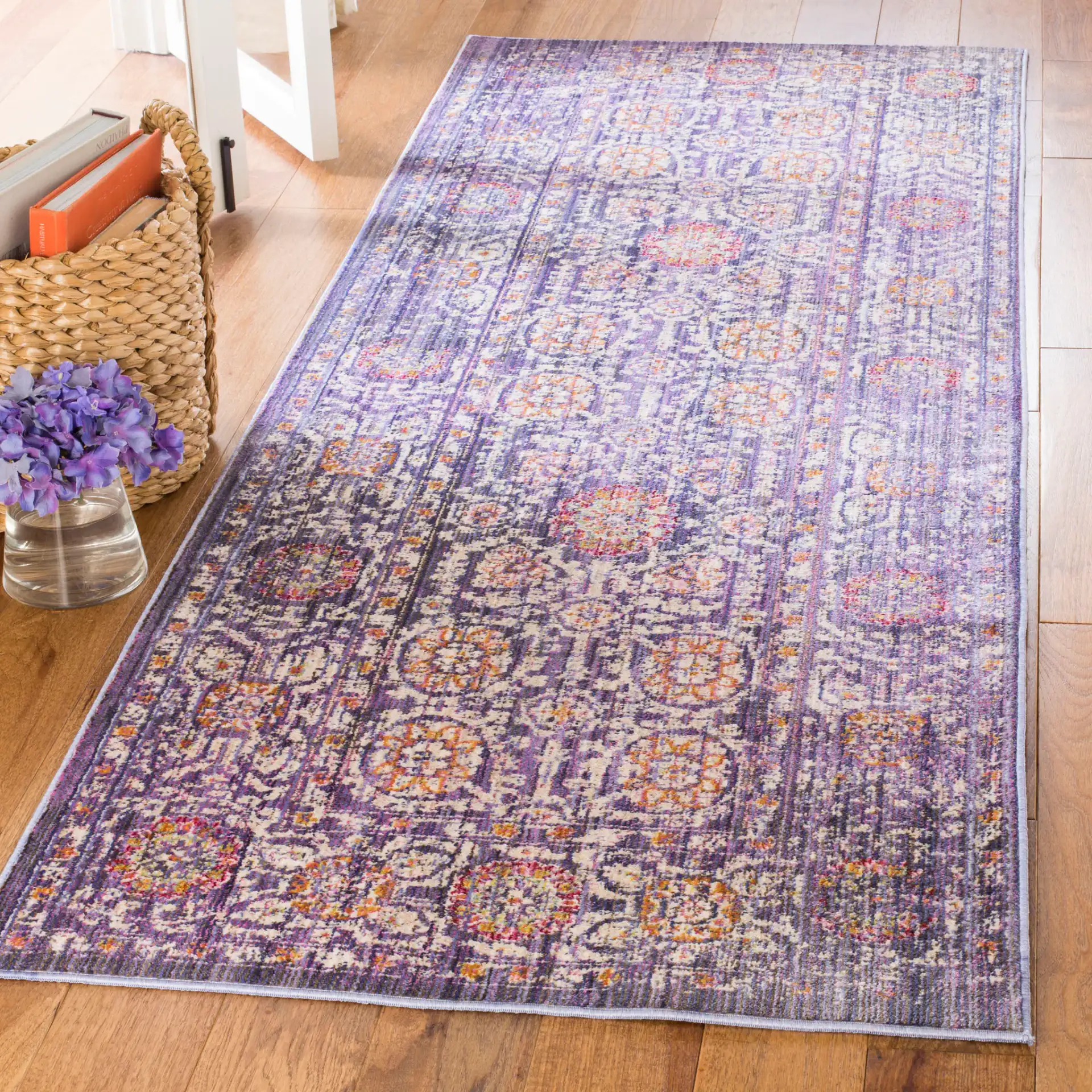 Sutton Medallion Bordered Rug in Lavender / Ivory in a styled room