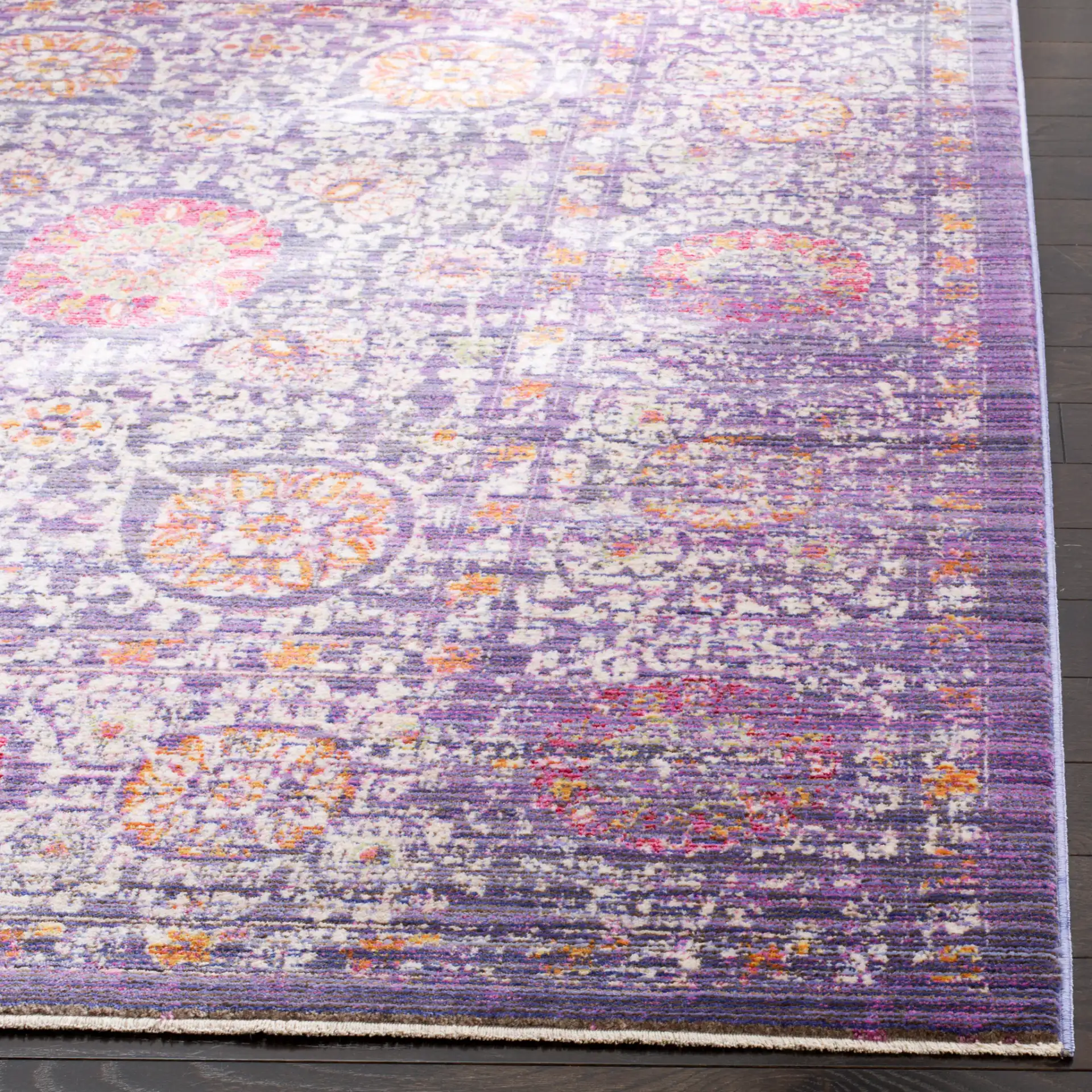 Sutton Medallion Bordered Rug in Lavender / Ivory in a styled room