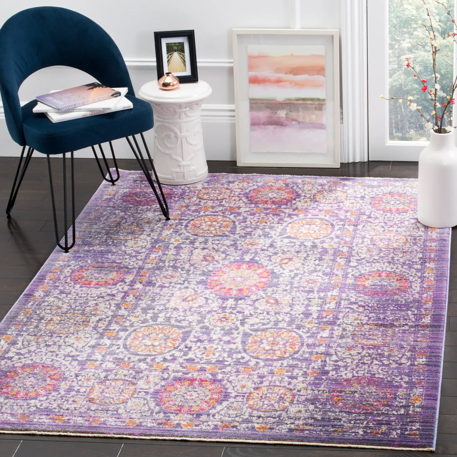 Sutton Medallion Bordered Rug in Lavender / Ivory in a styled room