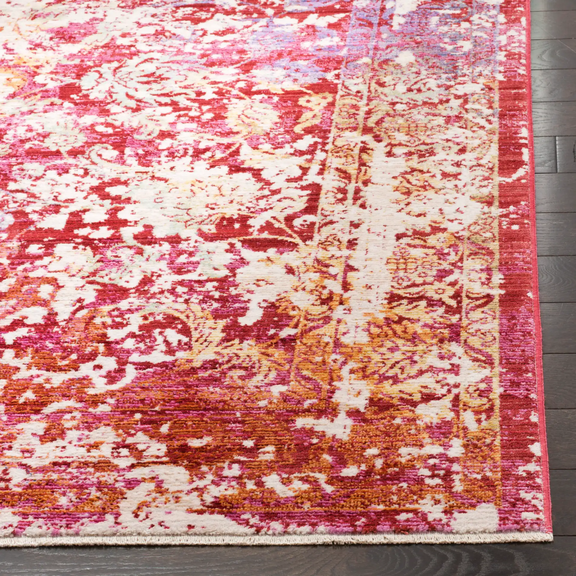 Sutton Distressed Medallion Rug in Fuchsia / Ivory in a styled room