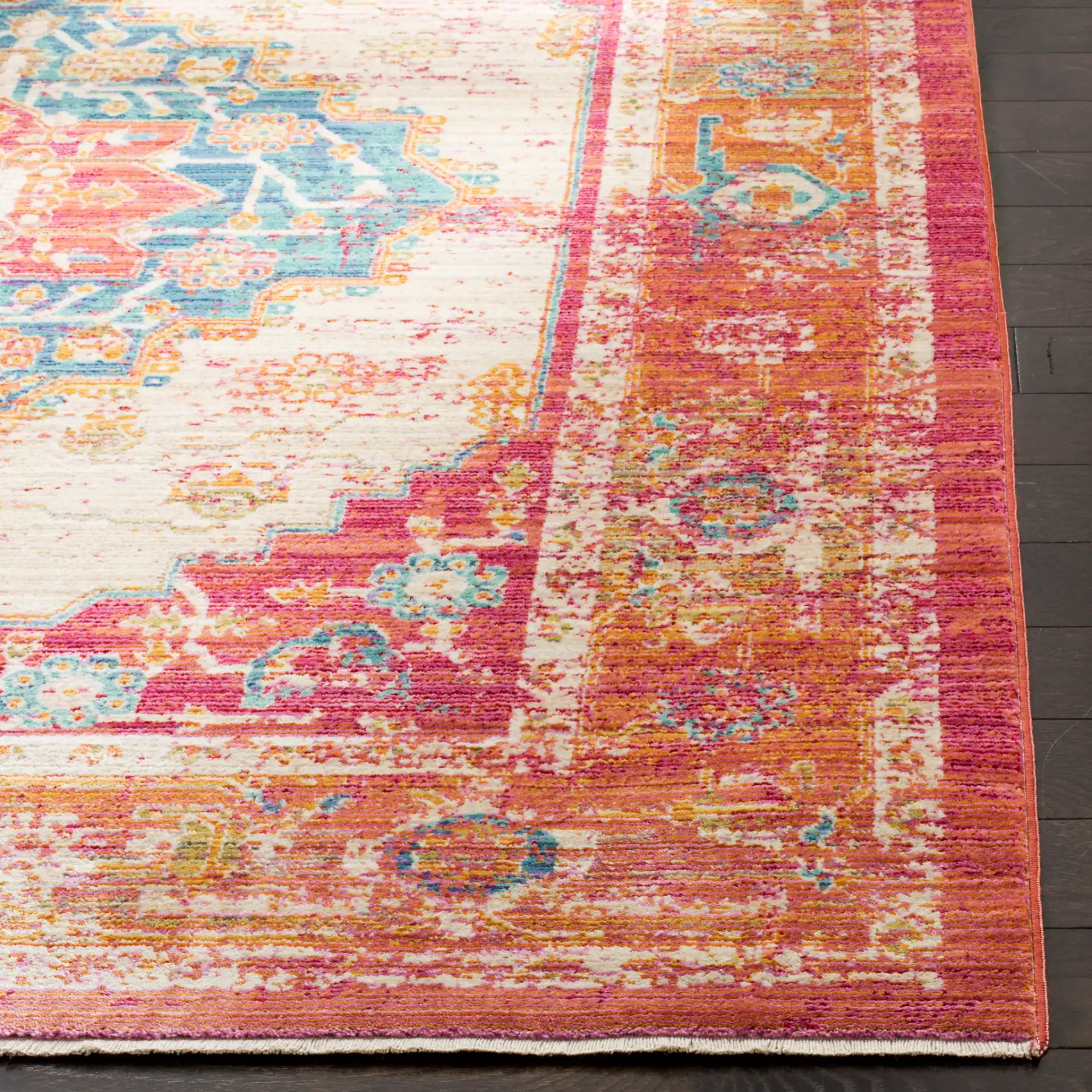 Sutton Geometric Medallion Rug in Fuchsia / Ivory in a styled room