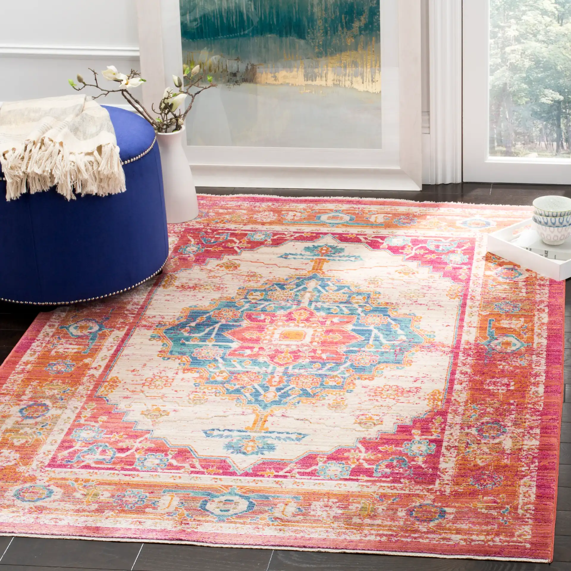 Sutton Geometric Medallion Rug in Fuchsia / Ivory in a styled room