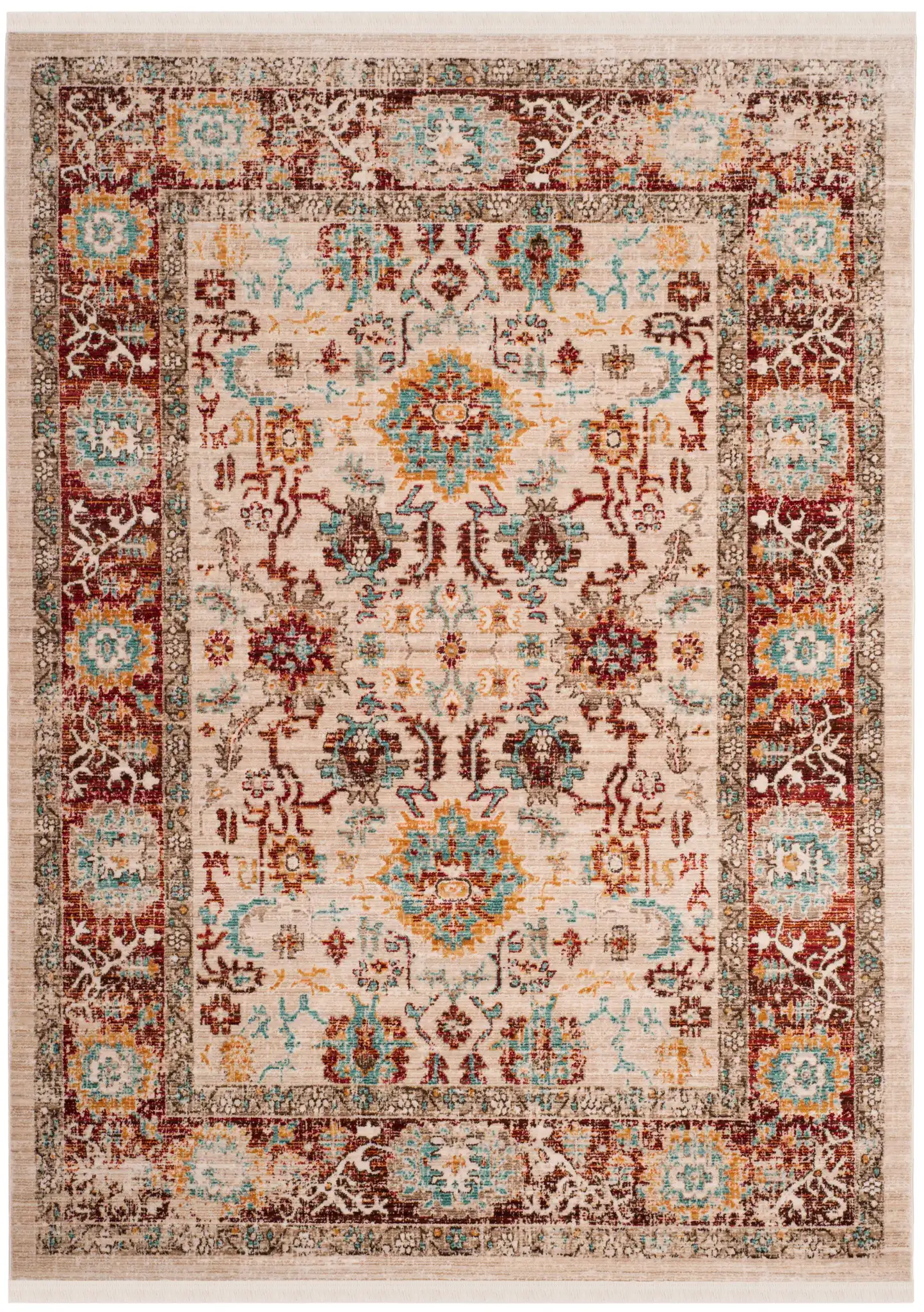 Sutton Distressed Medallion Bordered Rug in Ivory / Brick Red