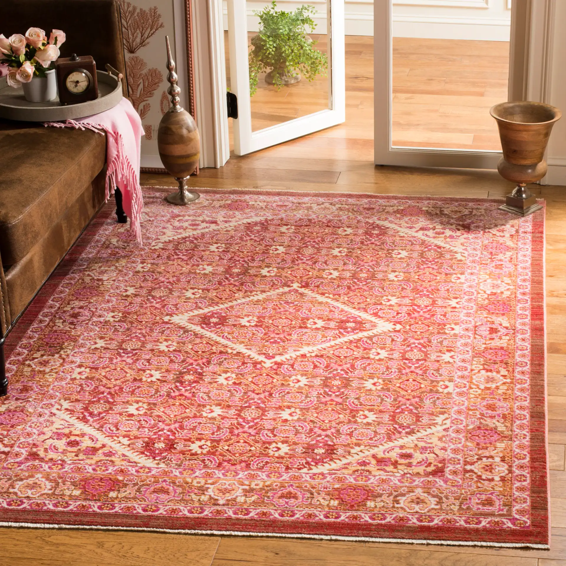 Sutton Diamond Medallion Rug in Rust in a styled room