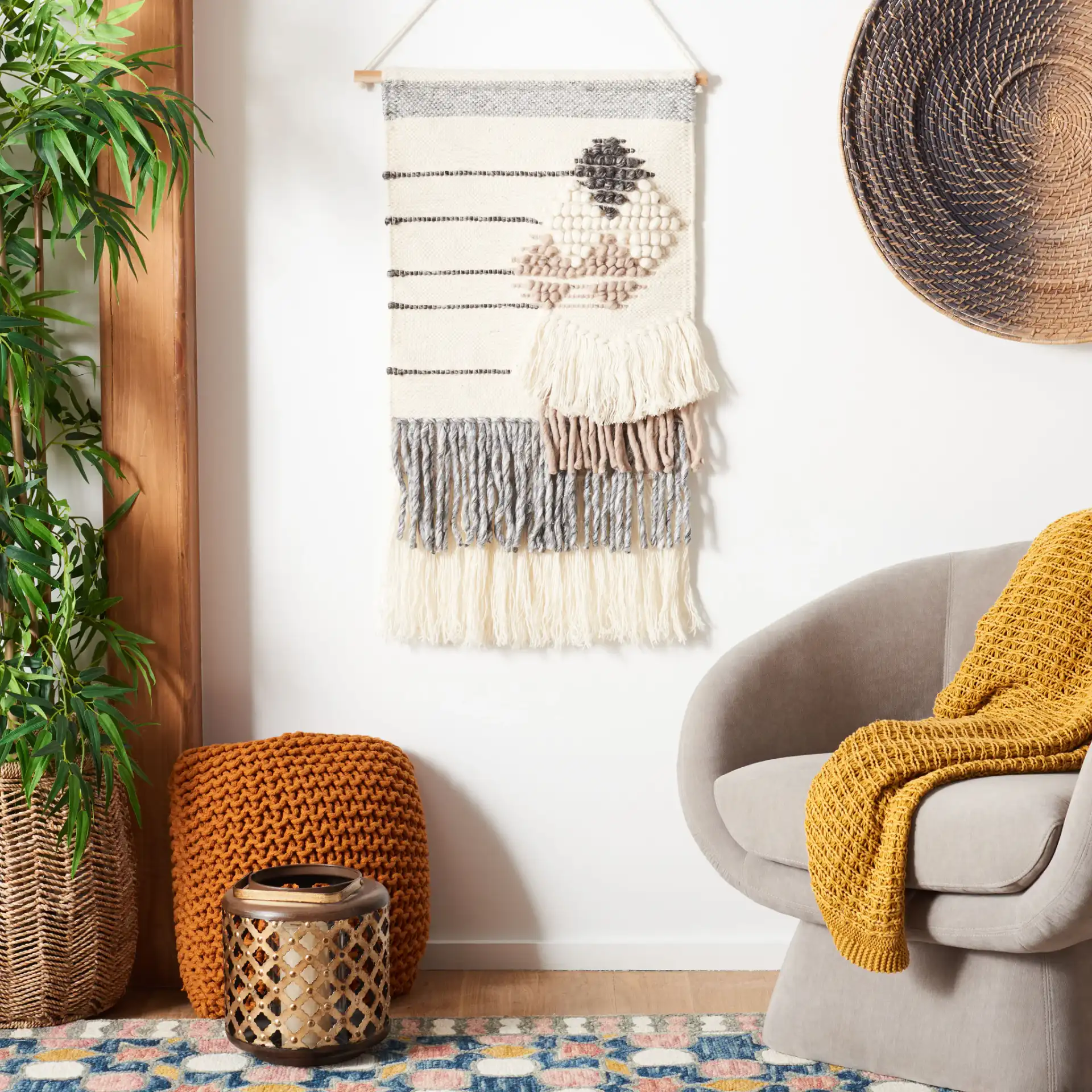 Sedona Woven Wall Art 207 in Ivory / Gray in a styled room