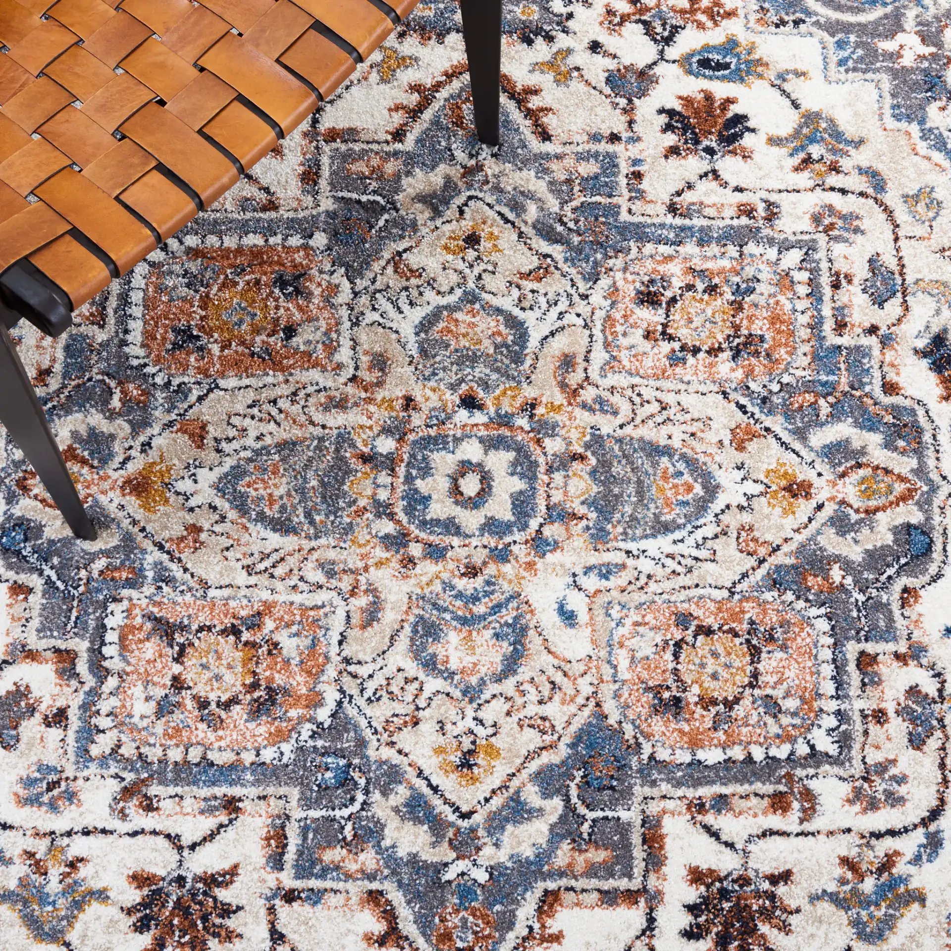Symphony Medallion Bordered Rug in Ivory / Gray in a styled room