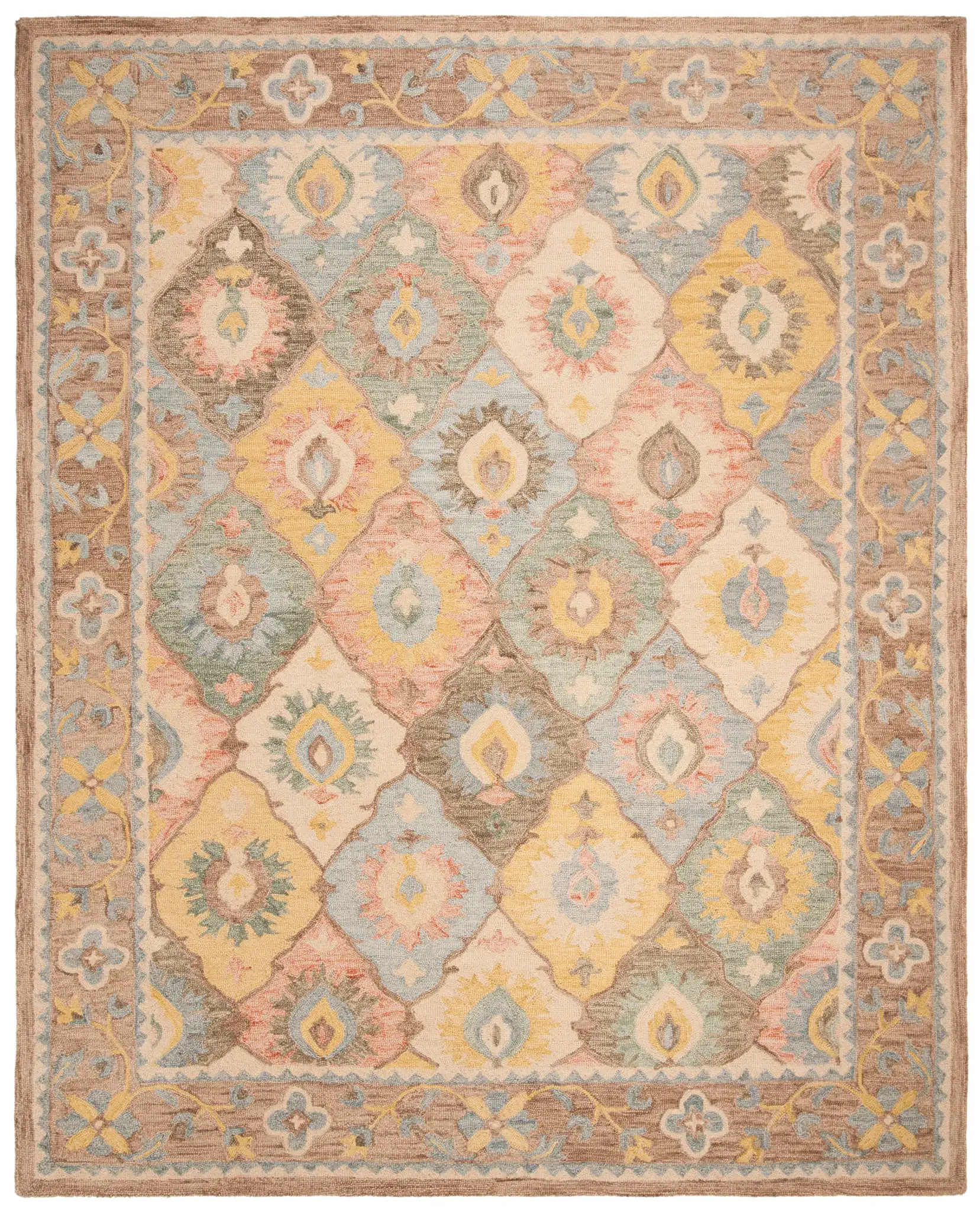 Suzani Bordered Ikat Diamond Hand-Hooked Wool Rug in Ivory / Multicolor